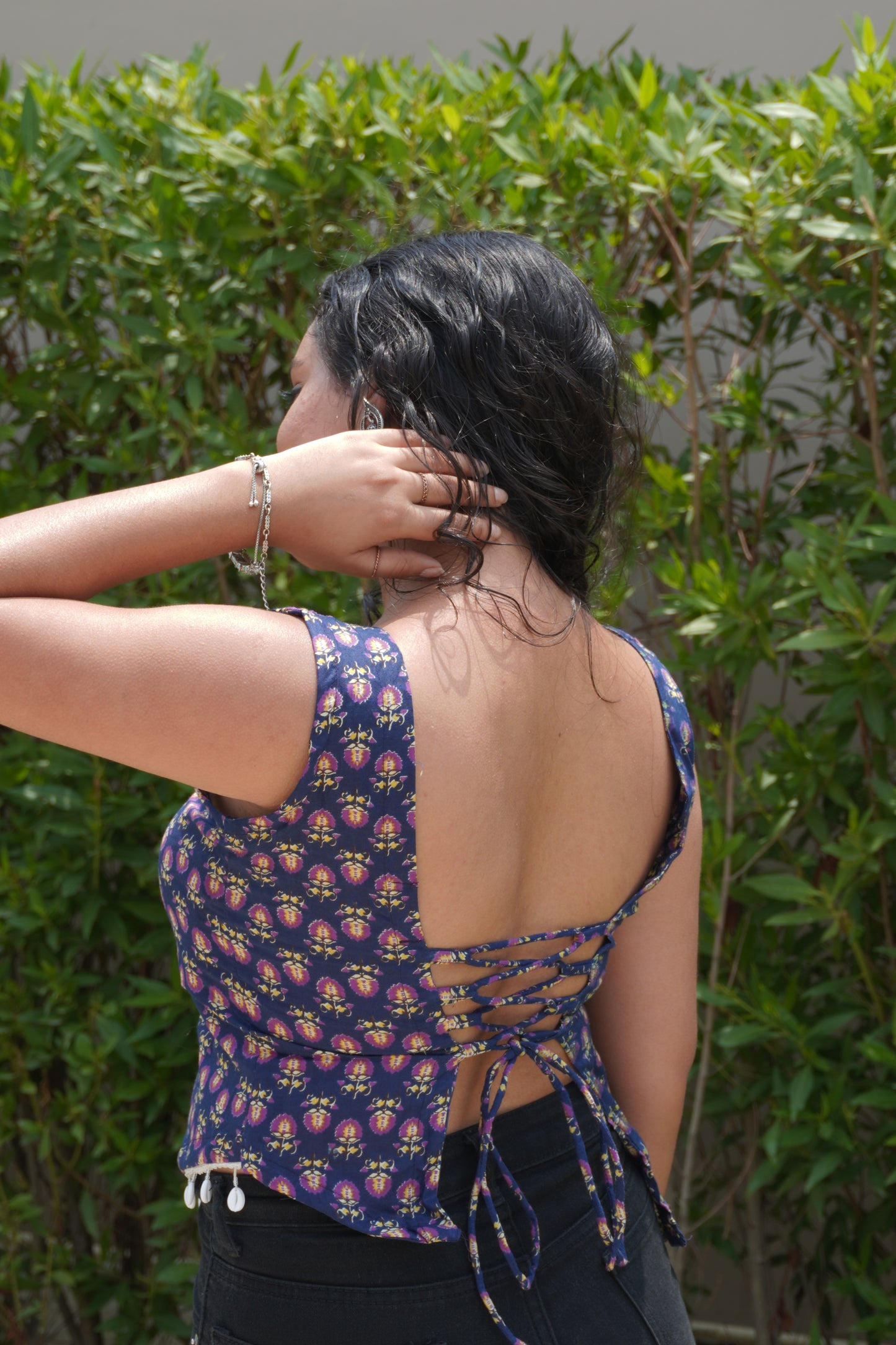 Navy Blue Pure Cotton Printed Backless Top with Corset Tie-Up Back & Shell Lace Hem