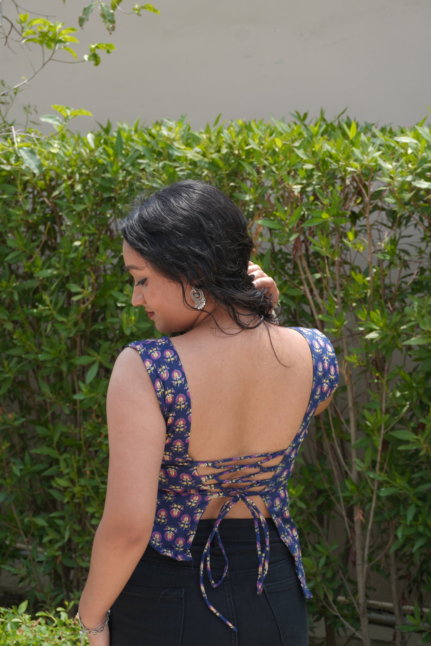 Navy Blue Pure Cotton Printed Backless Top with Corset Tie-Up Back & Shell Lace Hem