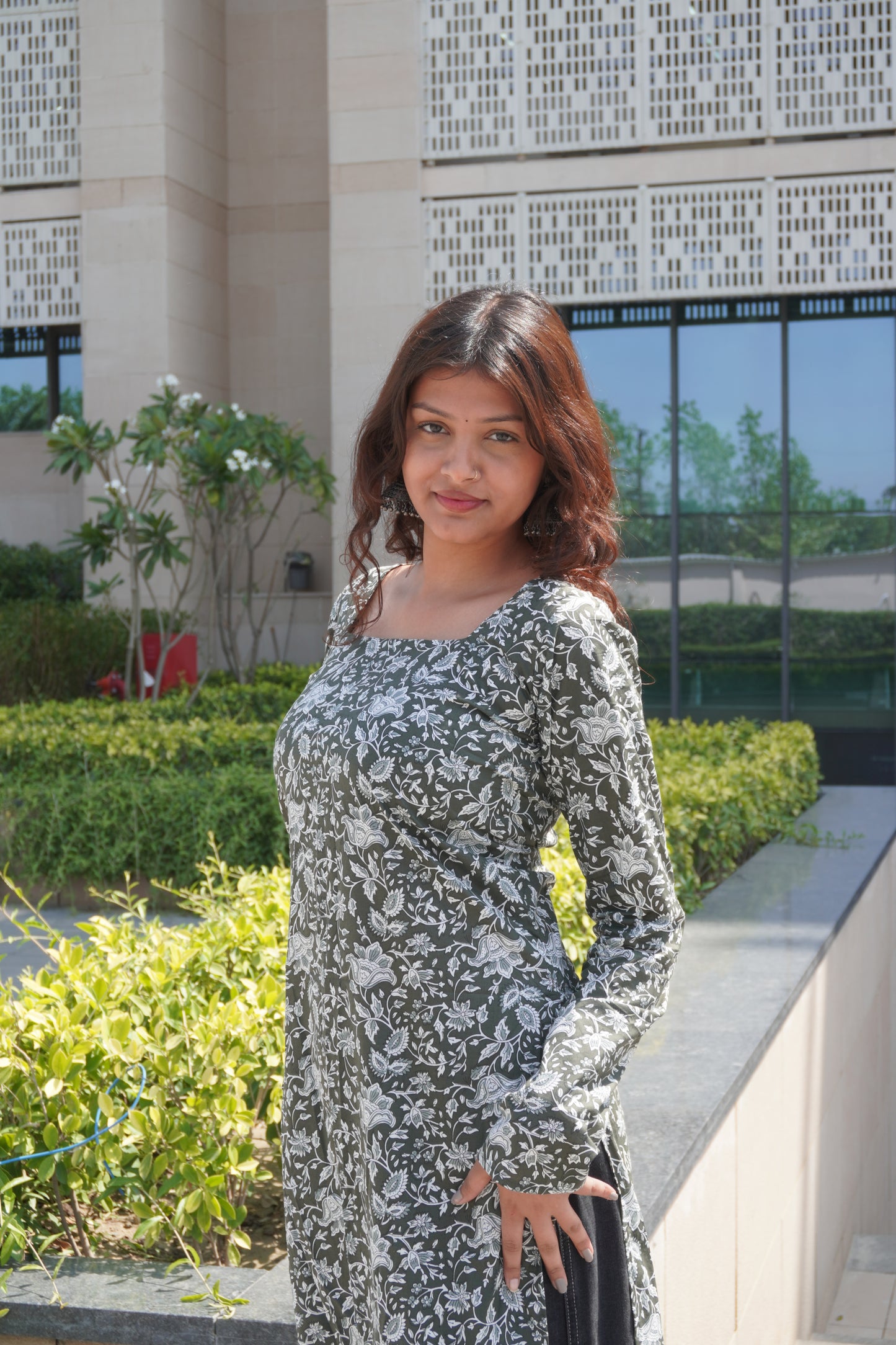 Olive Green Floral Cotton Kurti for Women with Corset Back Design | Stylish Straight Fit Kurta