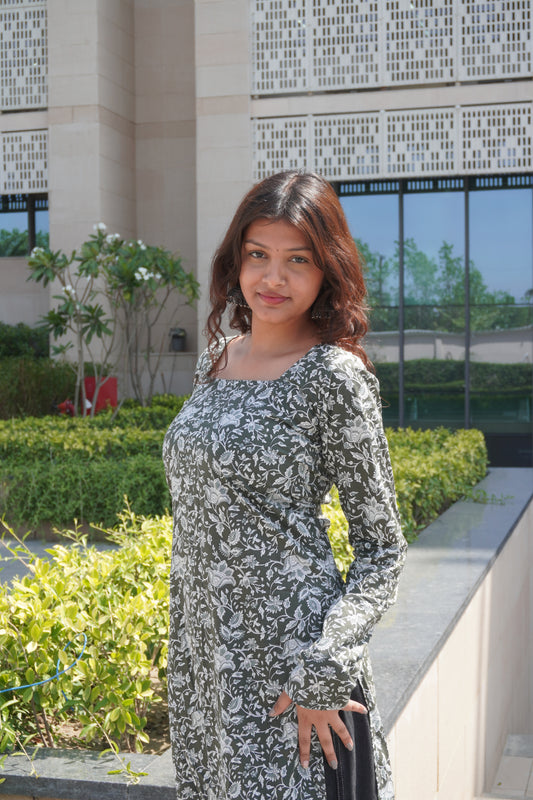 Olive Green Floral Cotton Kurti for Women with Corset Back Design | Stylish Straight Fit Kurta