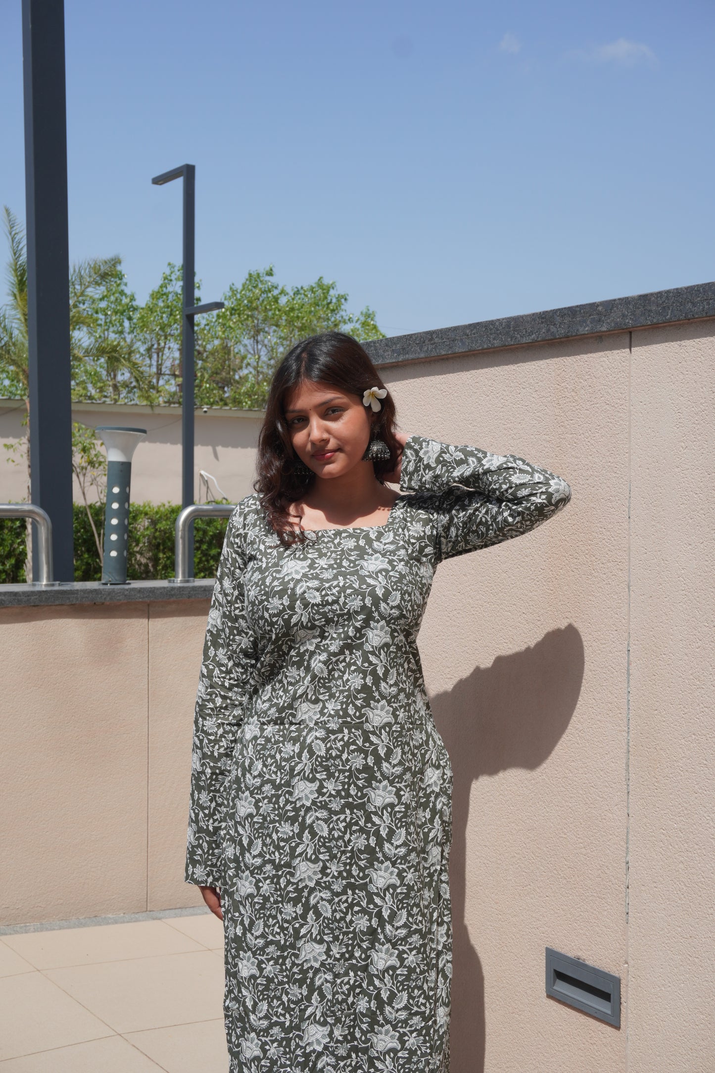 Olive Green Floral Cotton Kurti for Women with Corset Back Design | Stylish Straight Fit Kurta