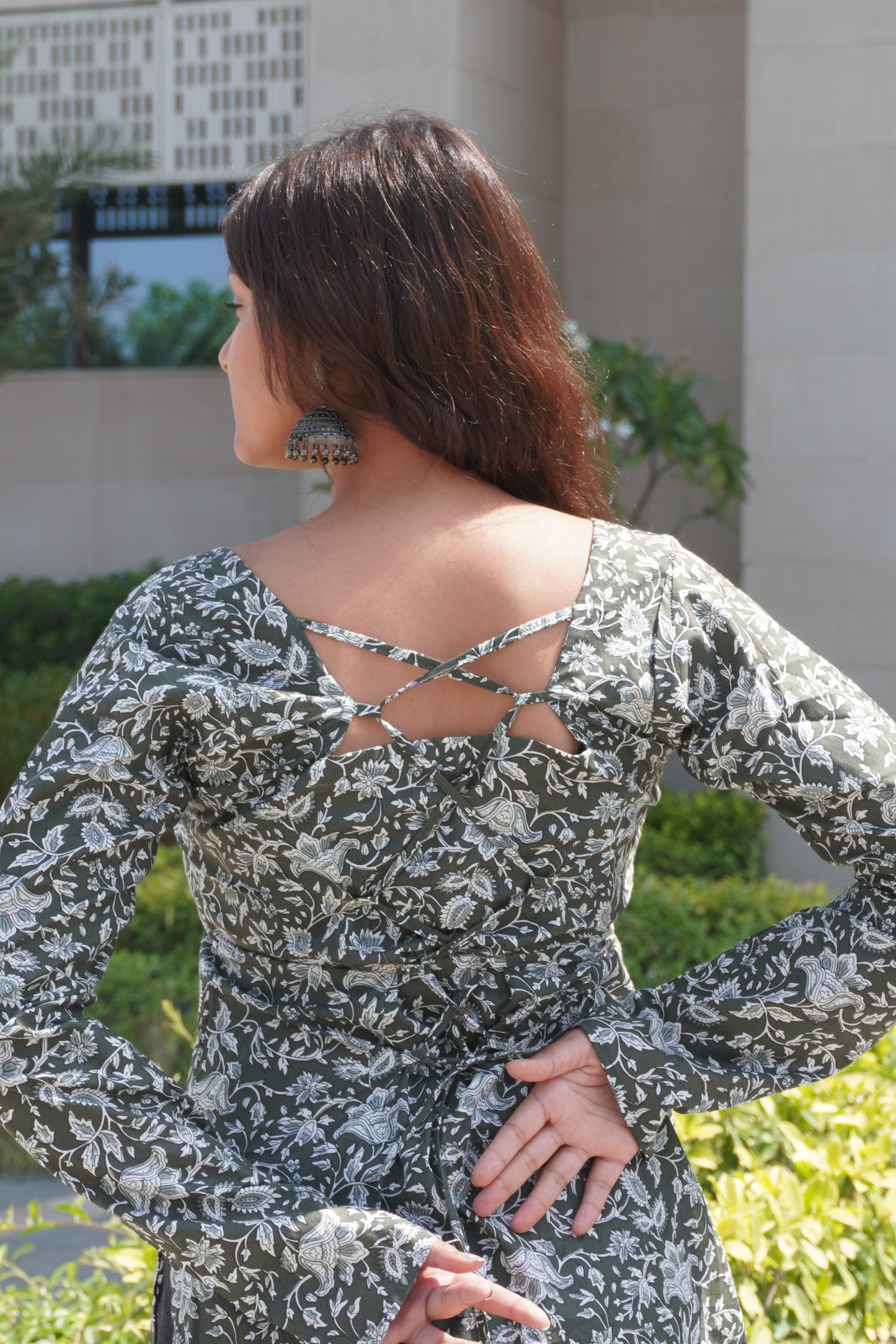 Olive Green Floral Cotton Kurti for Women with Corset Back Design | Stylish Straight Fit Kurta