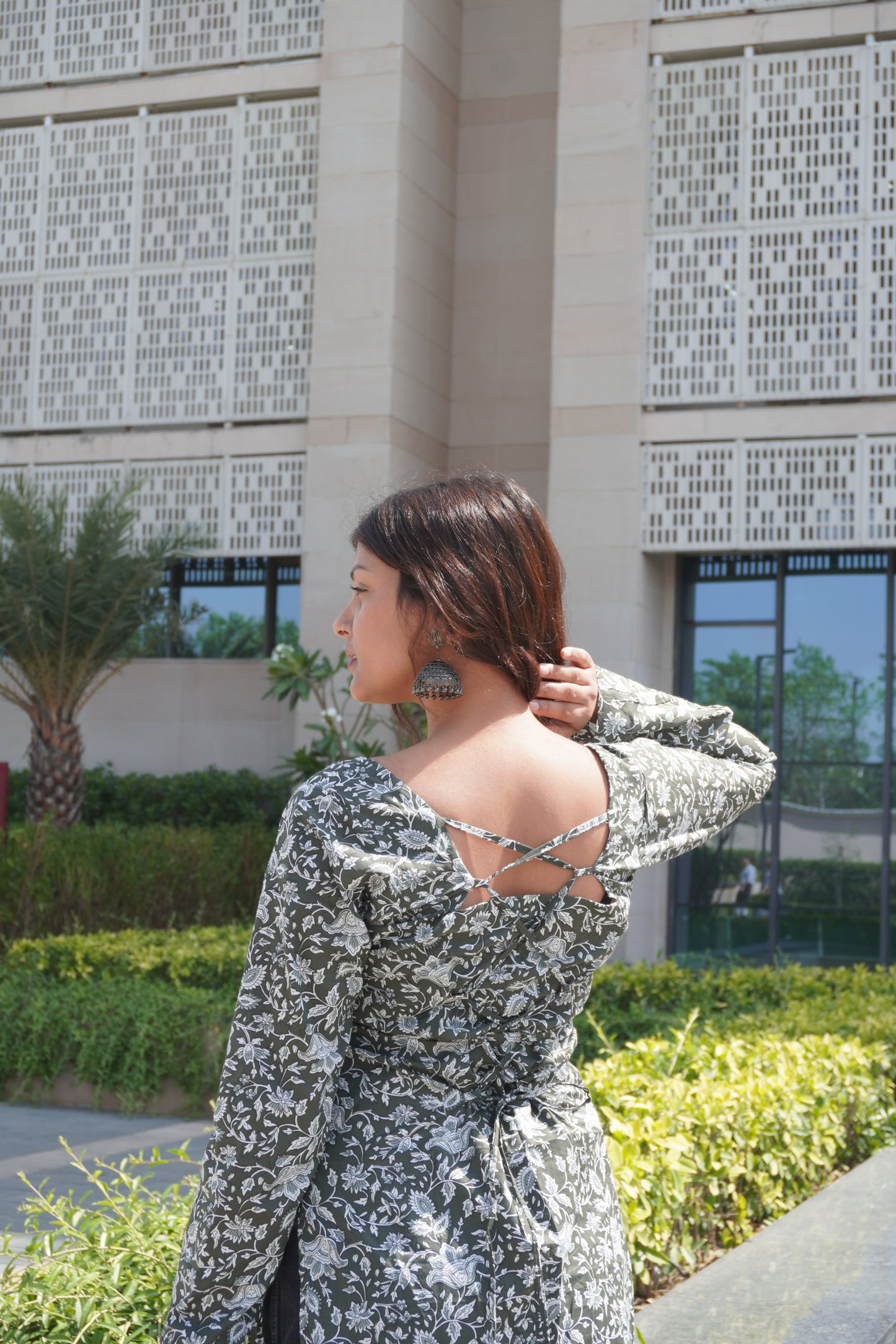 Olive Green Floral Cotton Kurti for Women with Corset Back Design | Stylish Straight Fit Kurta