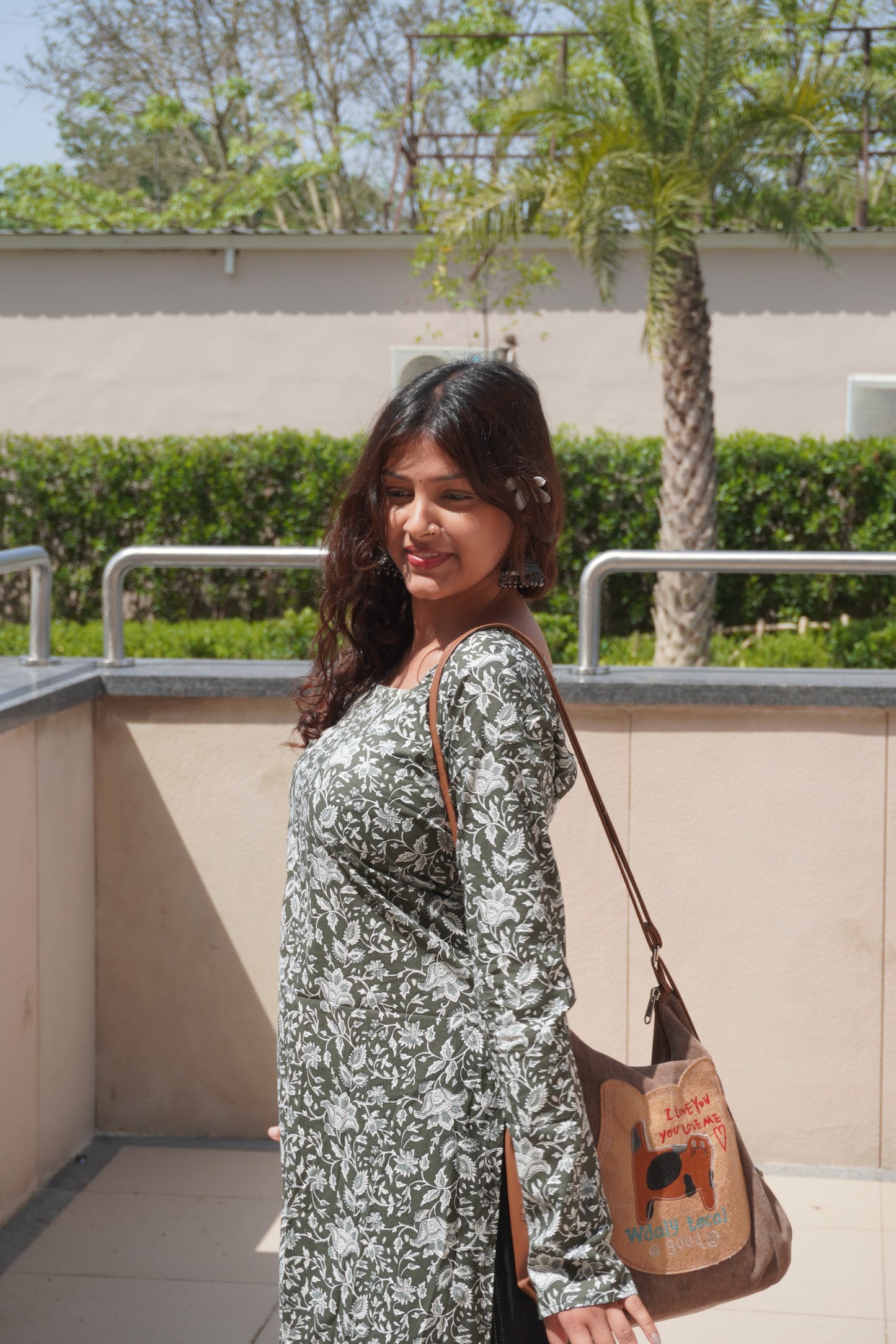 Olive Green Floral Cotton Kurti for Women with Corset Back Design | Stylish Straight Fit Kurta