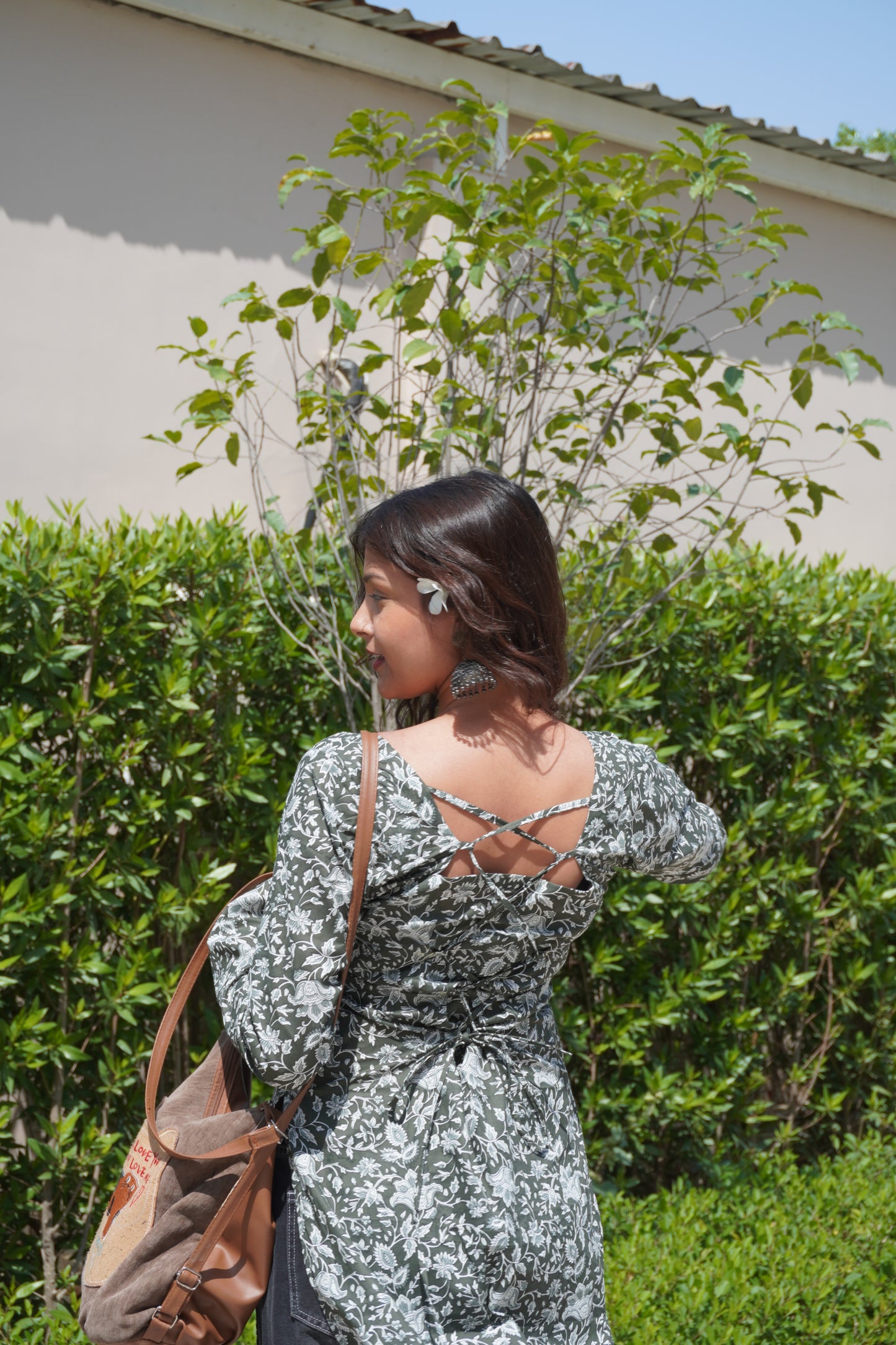 Olive Green Floral Cotton Kurti for Women with Corset Back Design | Stylish Straight Fit Kurta