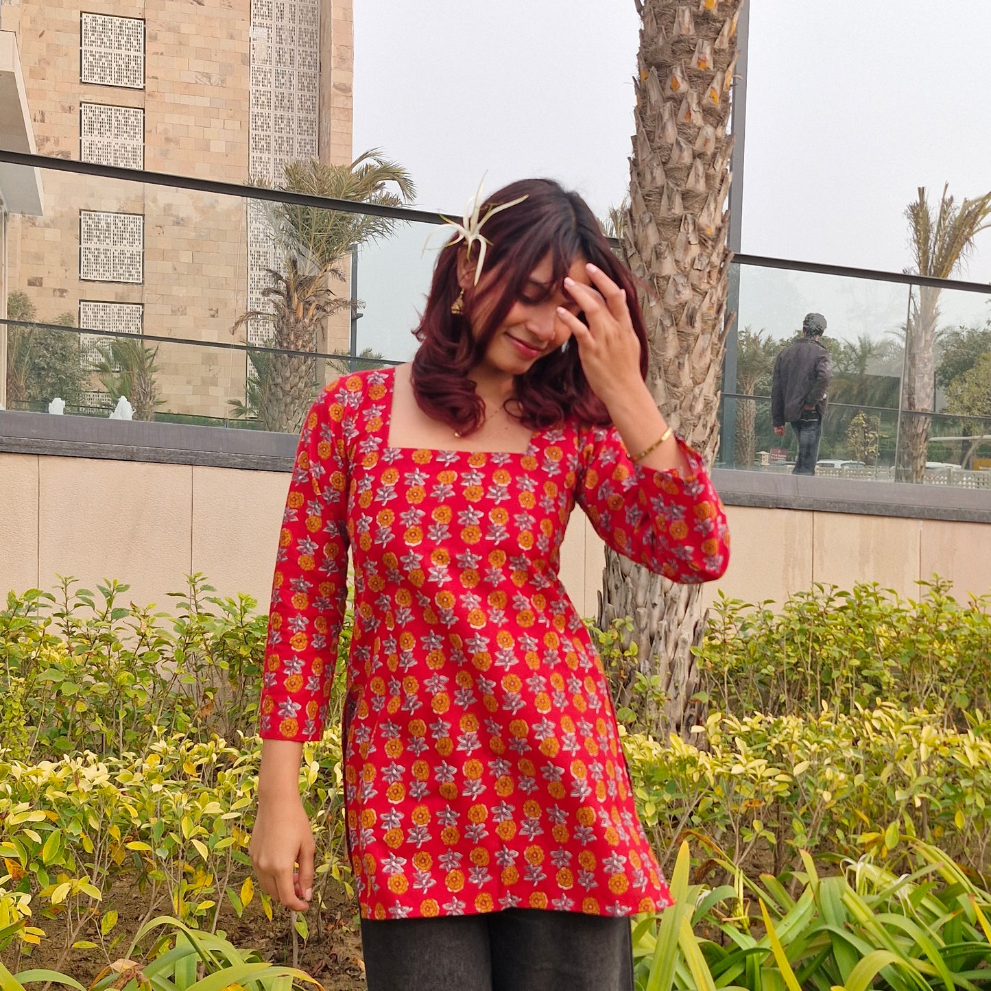 Red Cotton Backless Short Kurti