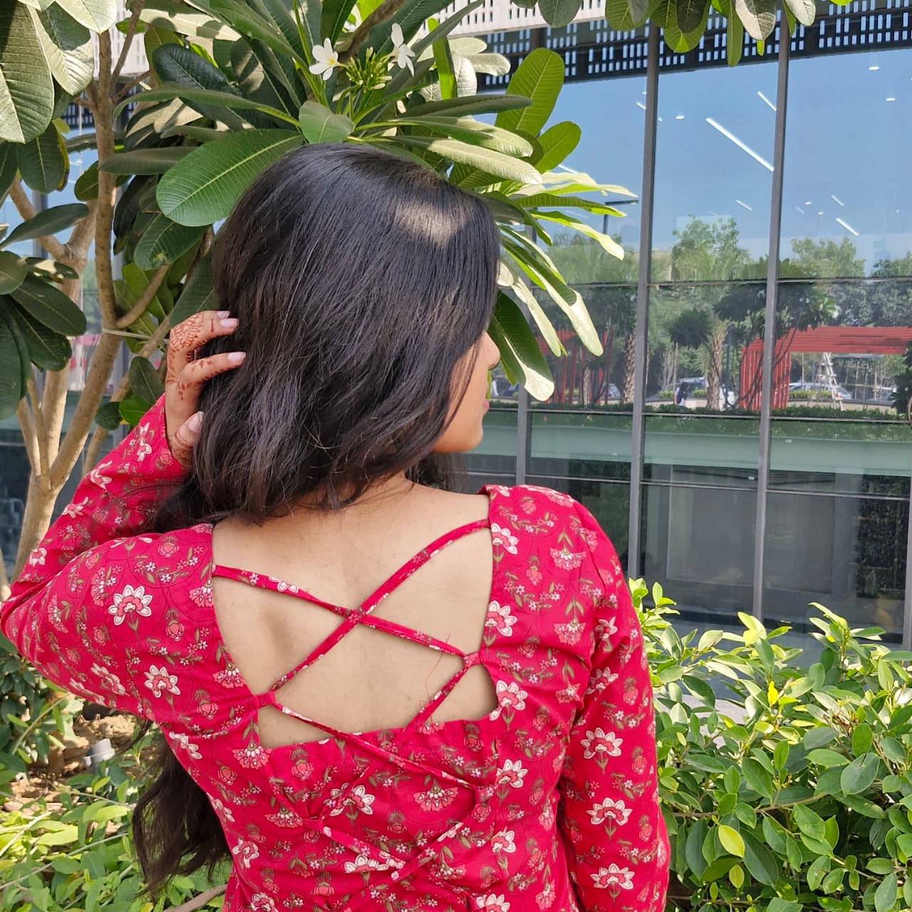 Red Floral Cotton Kurti with Corset-Style Back | Vastraaya Exclusive