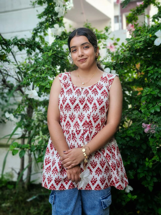 Vanya - Sleeveless Red Block Print Cotton Kurti Top for Women – Casual & Ethnic Fusion Wear