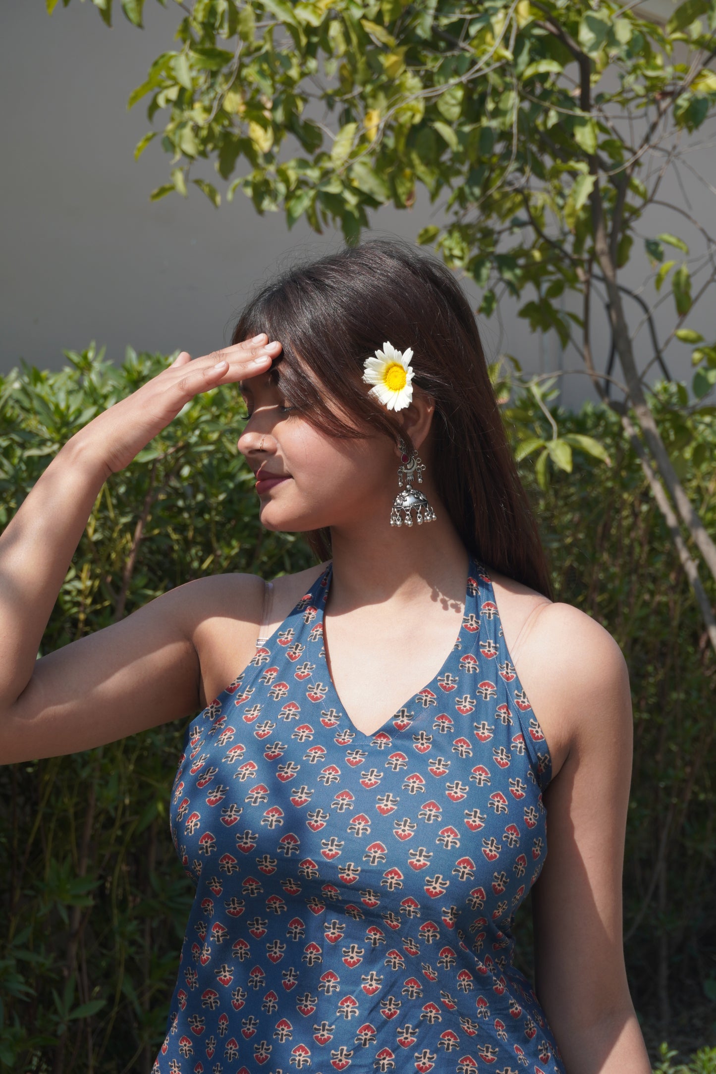 Summer Tie-Back Cotton Top – Indigo Print