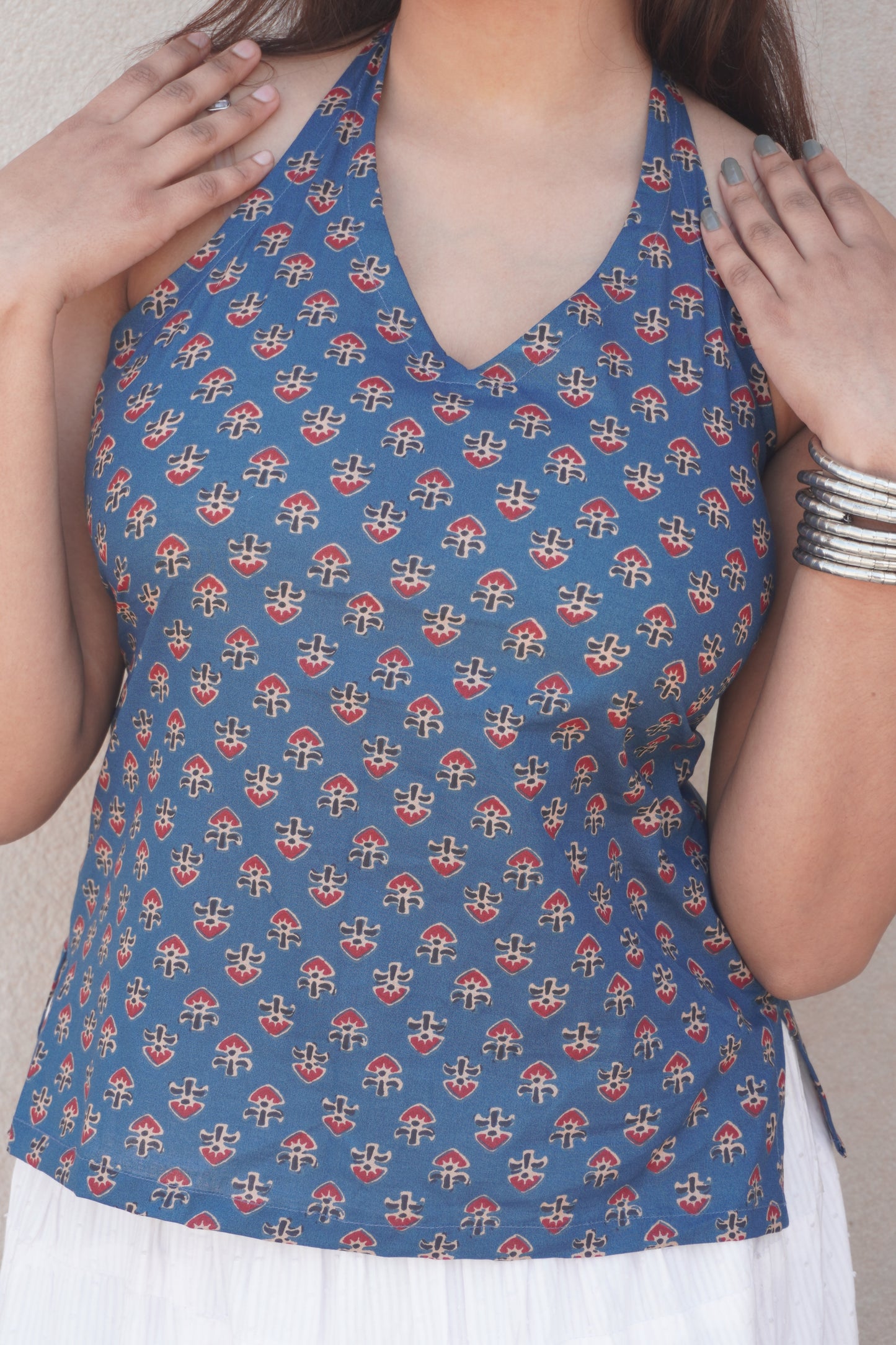 Summer Tie-Back Cotton Top – Indigo Print