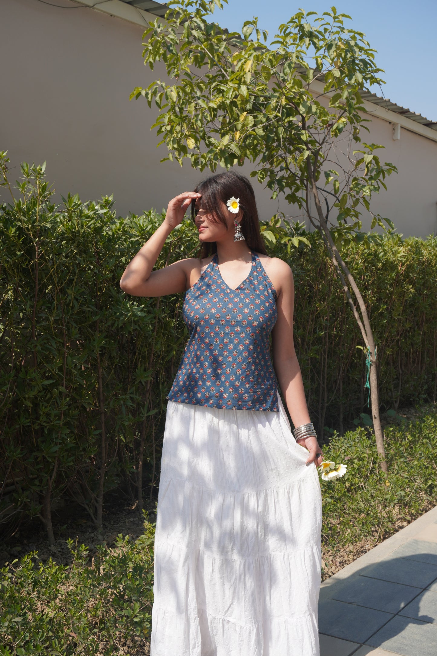 Summer Tie-Back Cotton Top – Indigo Print