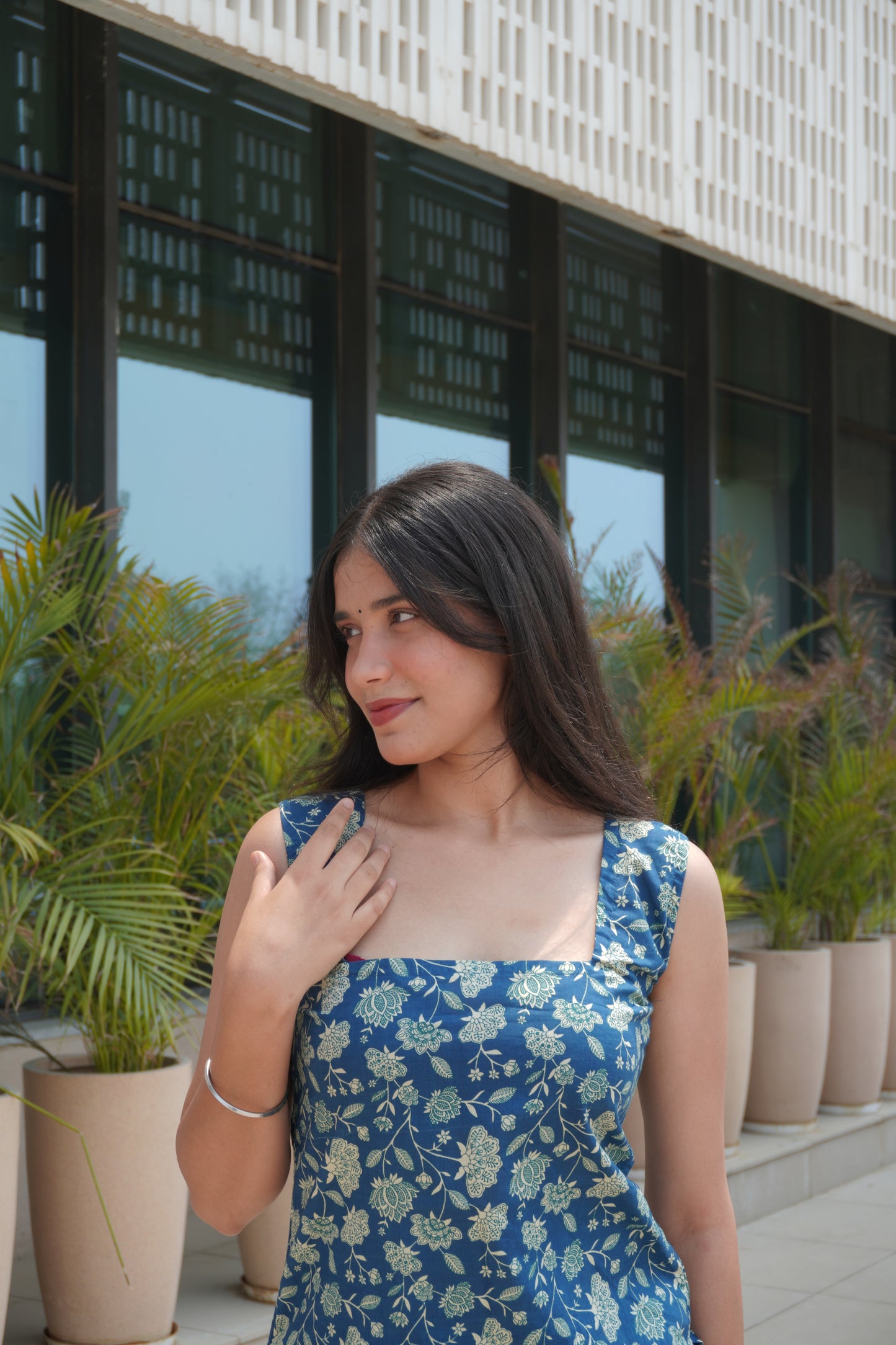 Blue Floral Cotton Backless Tie-Up Short Kurti for Women