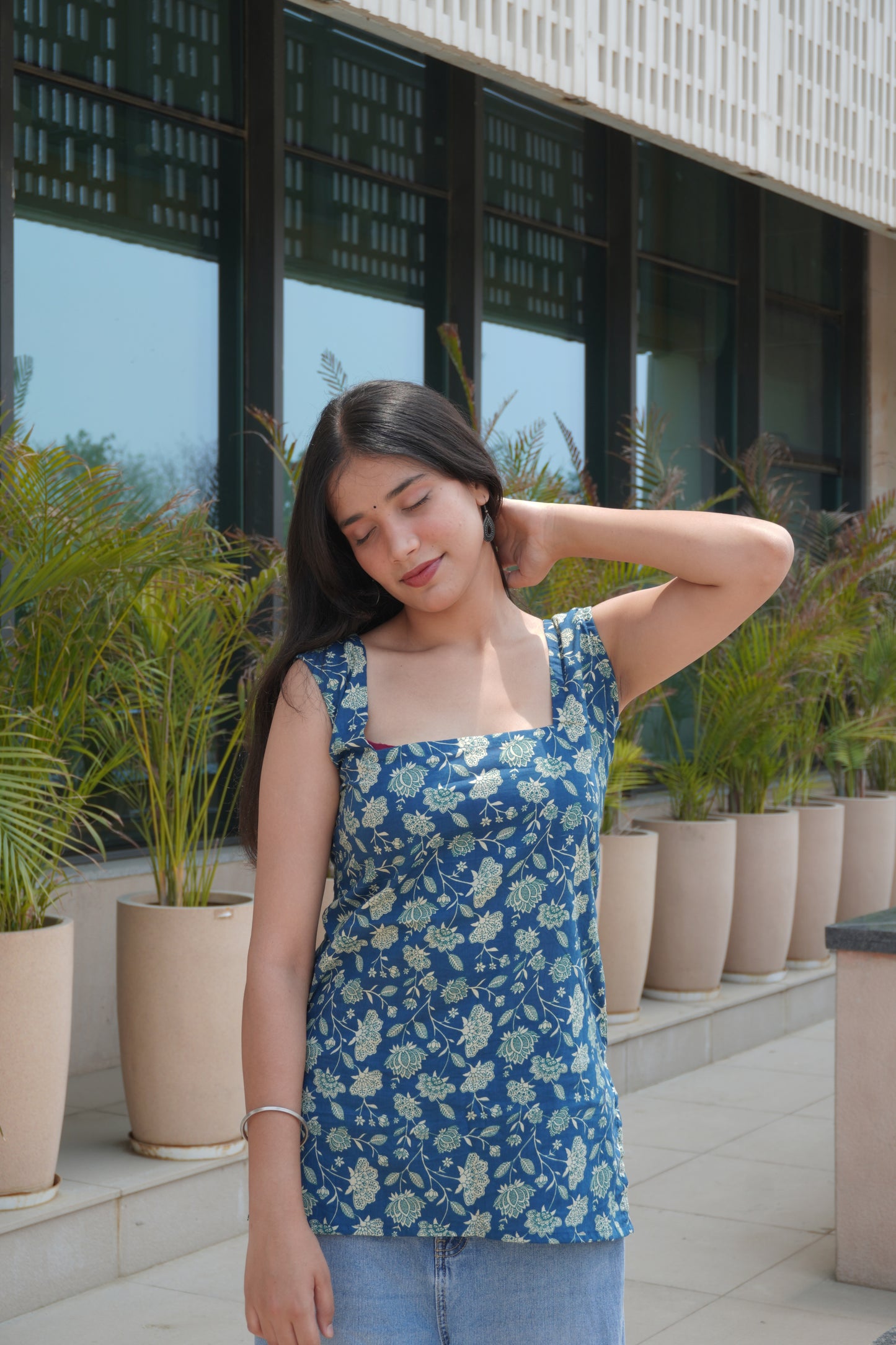 Blue Floral Cotton Backless Tie-Up Short Kurti for Women
