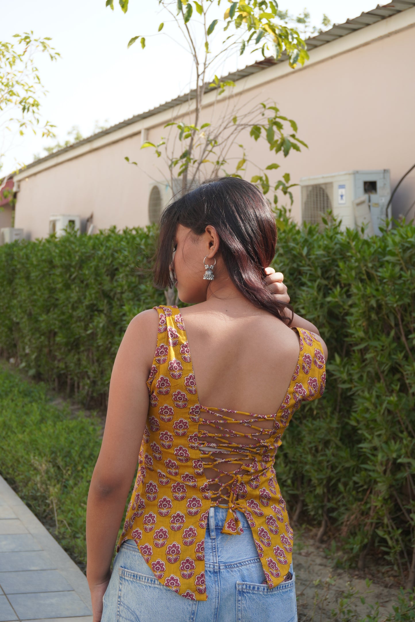 Yellow Floral Cotton Backless Top for Women | Lace-Up Back | Sleeveless Summer Top