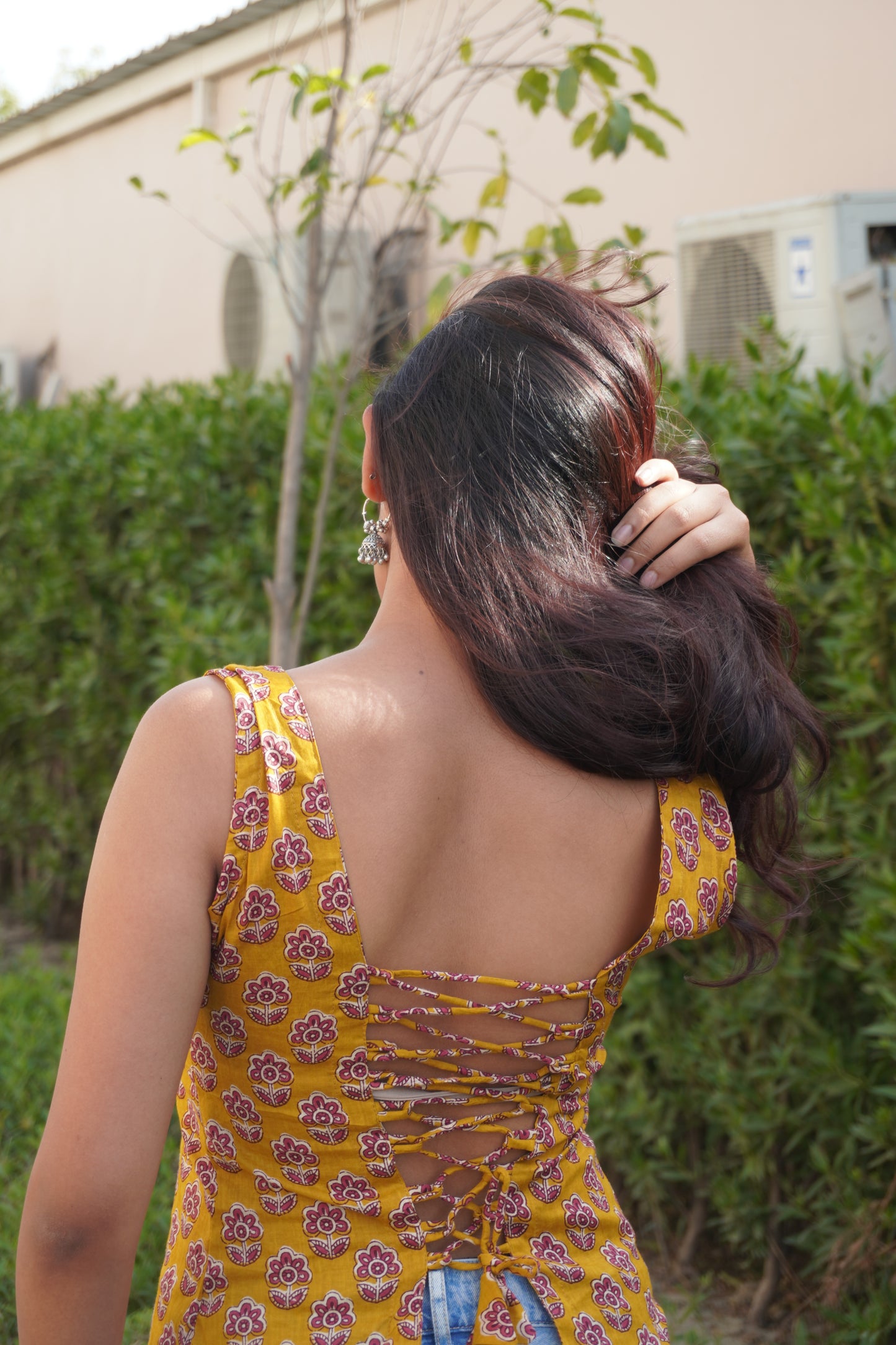 Yellow Floral Cotton Backless Top for Women | Lace-Up Back | Sleeveless Summer Top