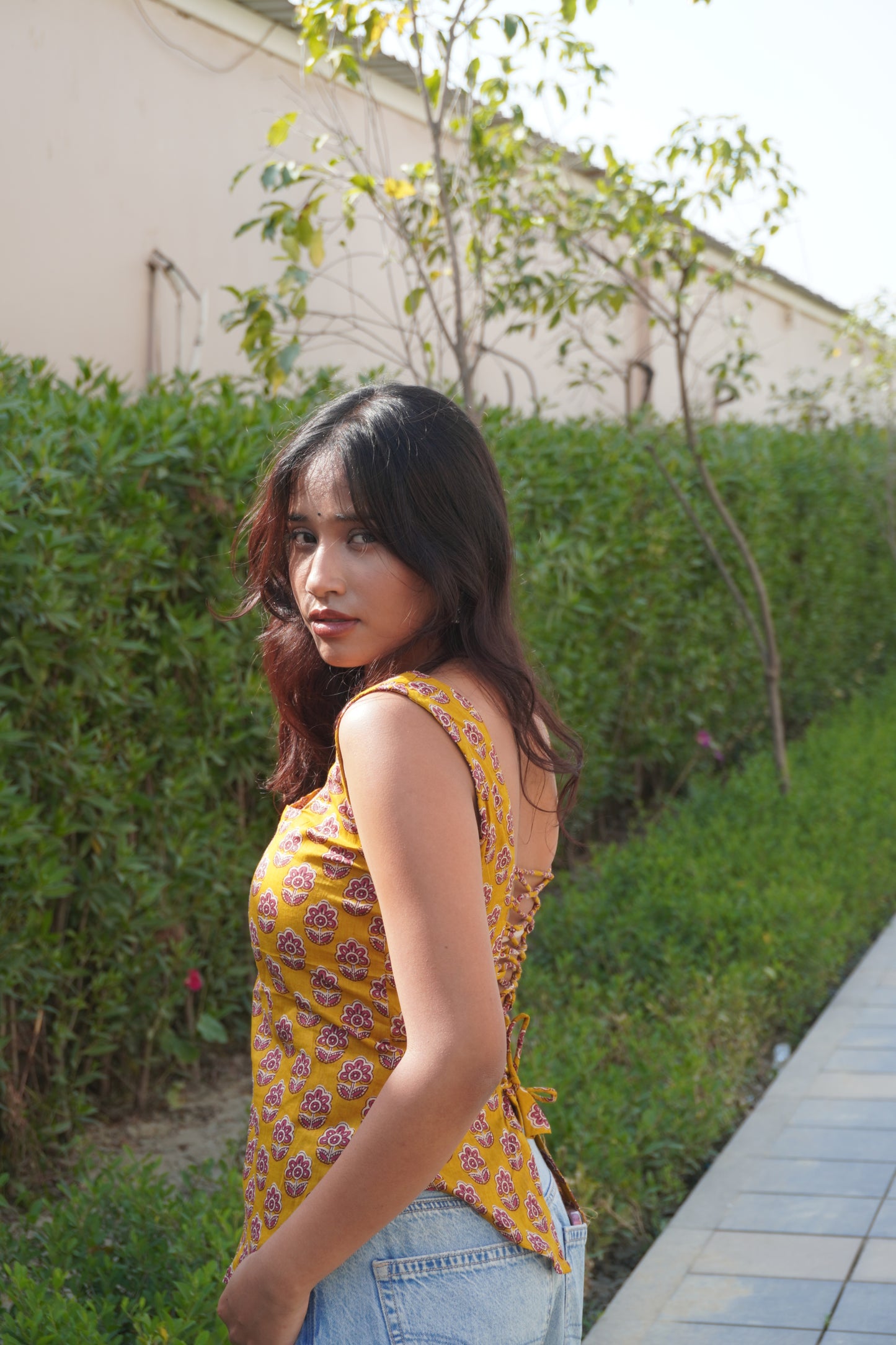 Yellow Floral Cotton Backless Top for Women | Lace-Up Back | Sleeveless Summer Top