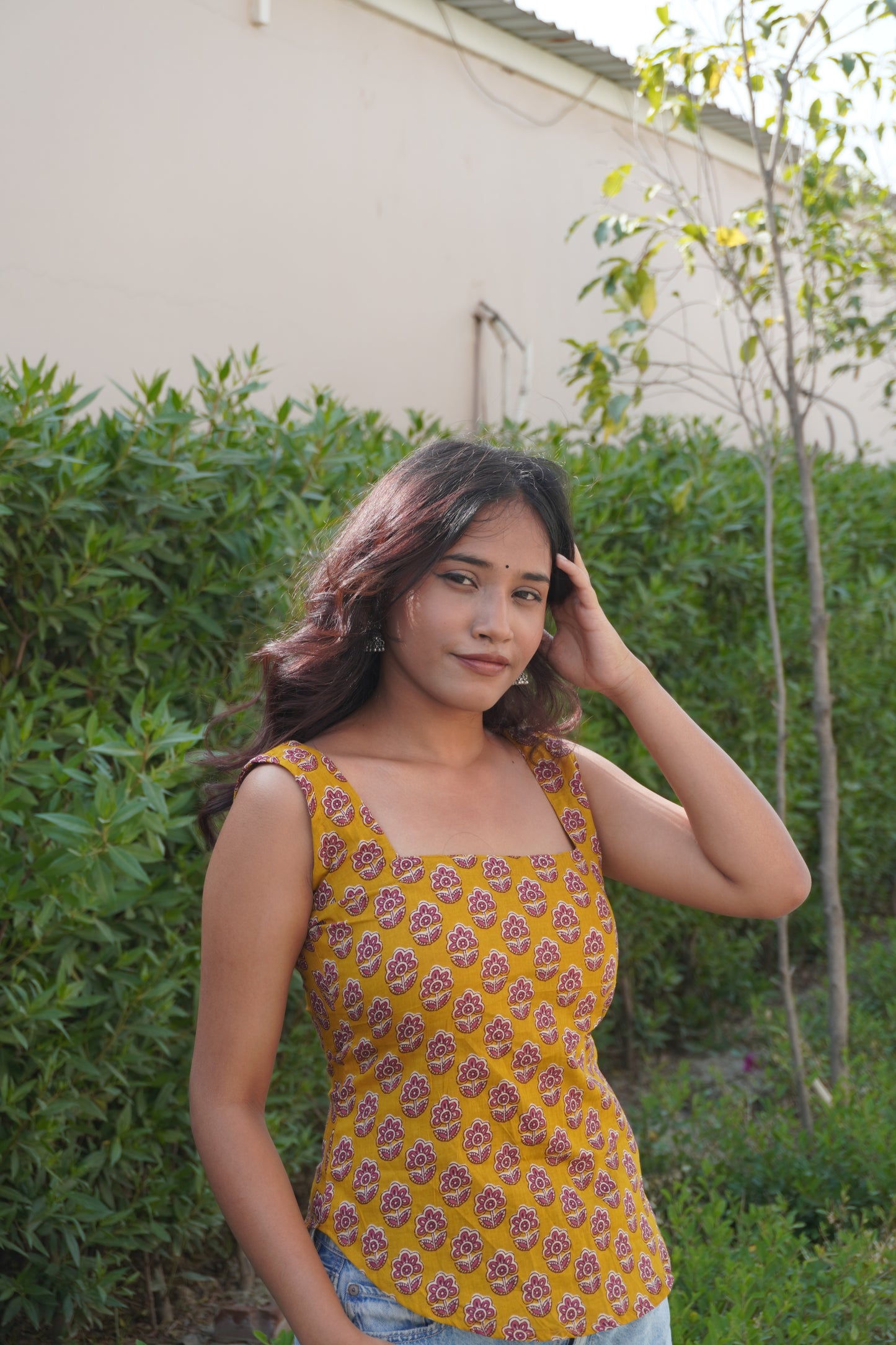 Yellow Floral Cotton Backless Top for Women | Lace-Up Back | Sleeveless Summer Top