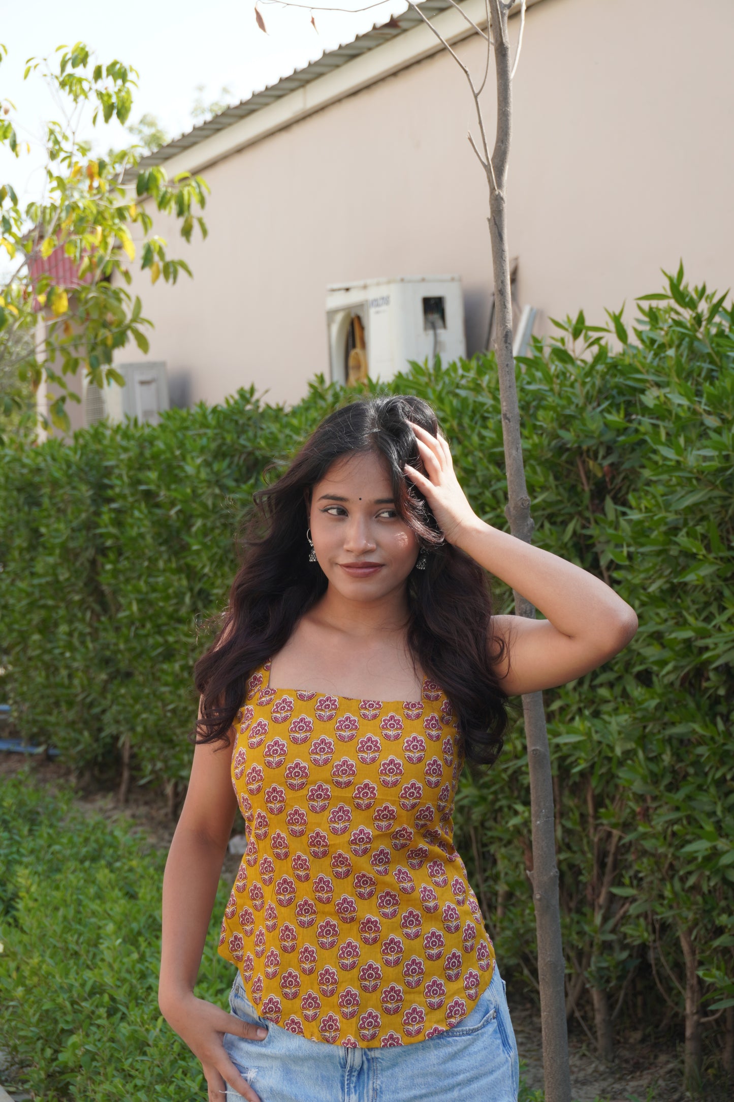 Yellow Floral Cotton Backless Top for Women | Lace-Up Back | Sleeveless Summer Top