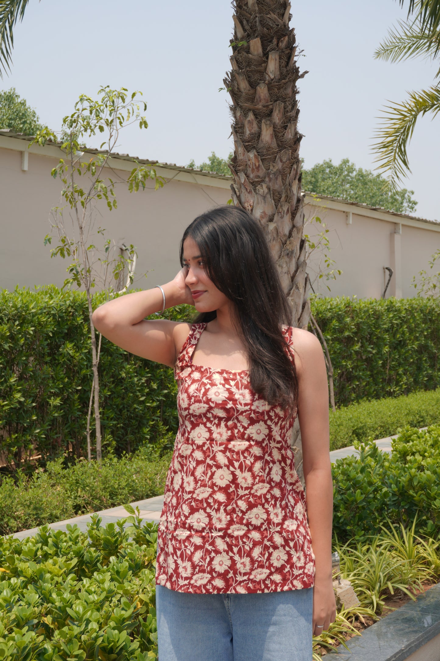 Rust Floral Cotton Backless Kurti Top with Tie-Up Detail