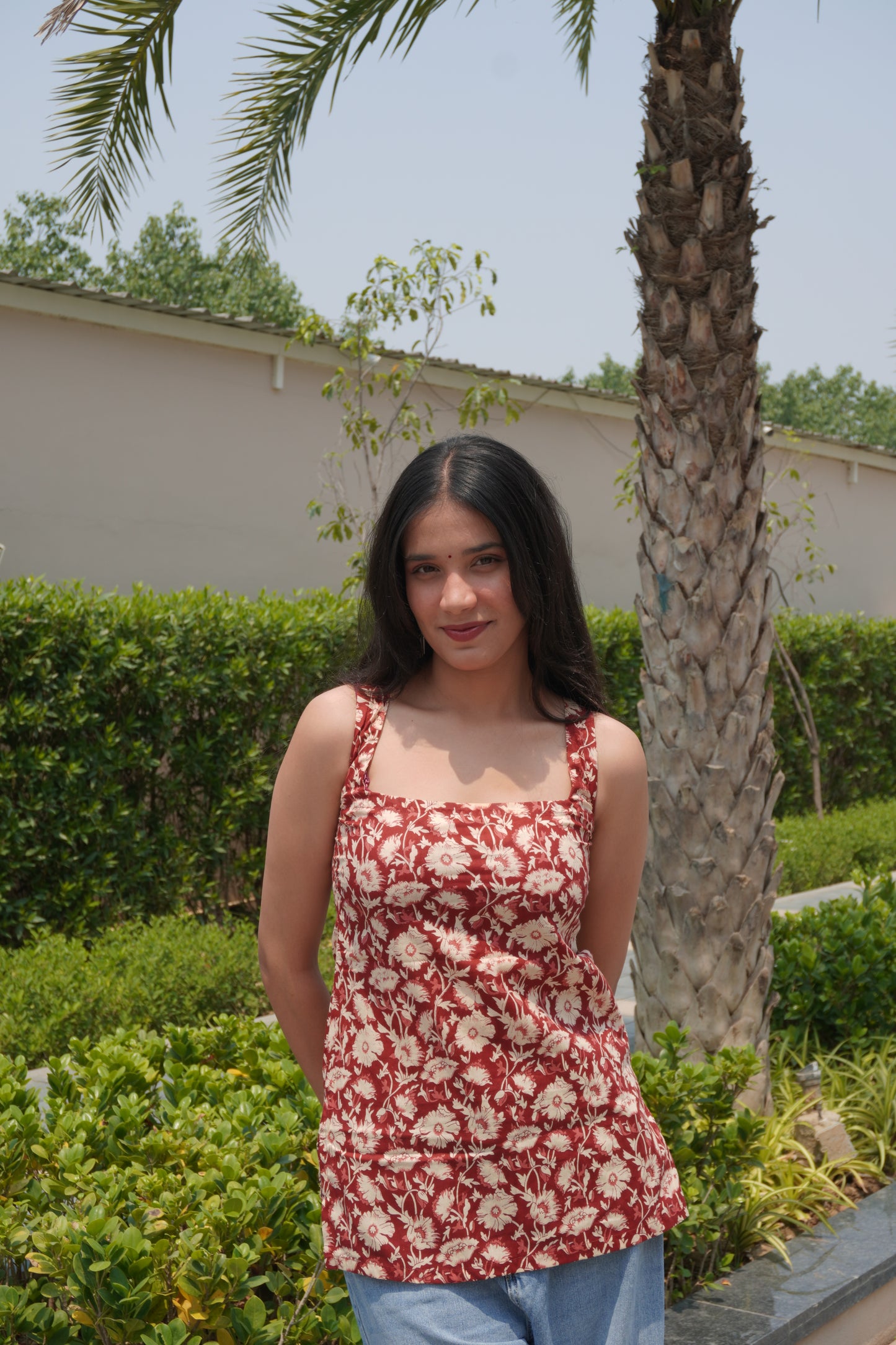 Rust Floral Cotton Backless Kurti Top with Tie-Up Detail