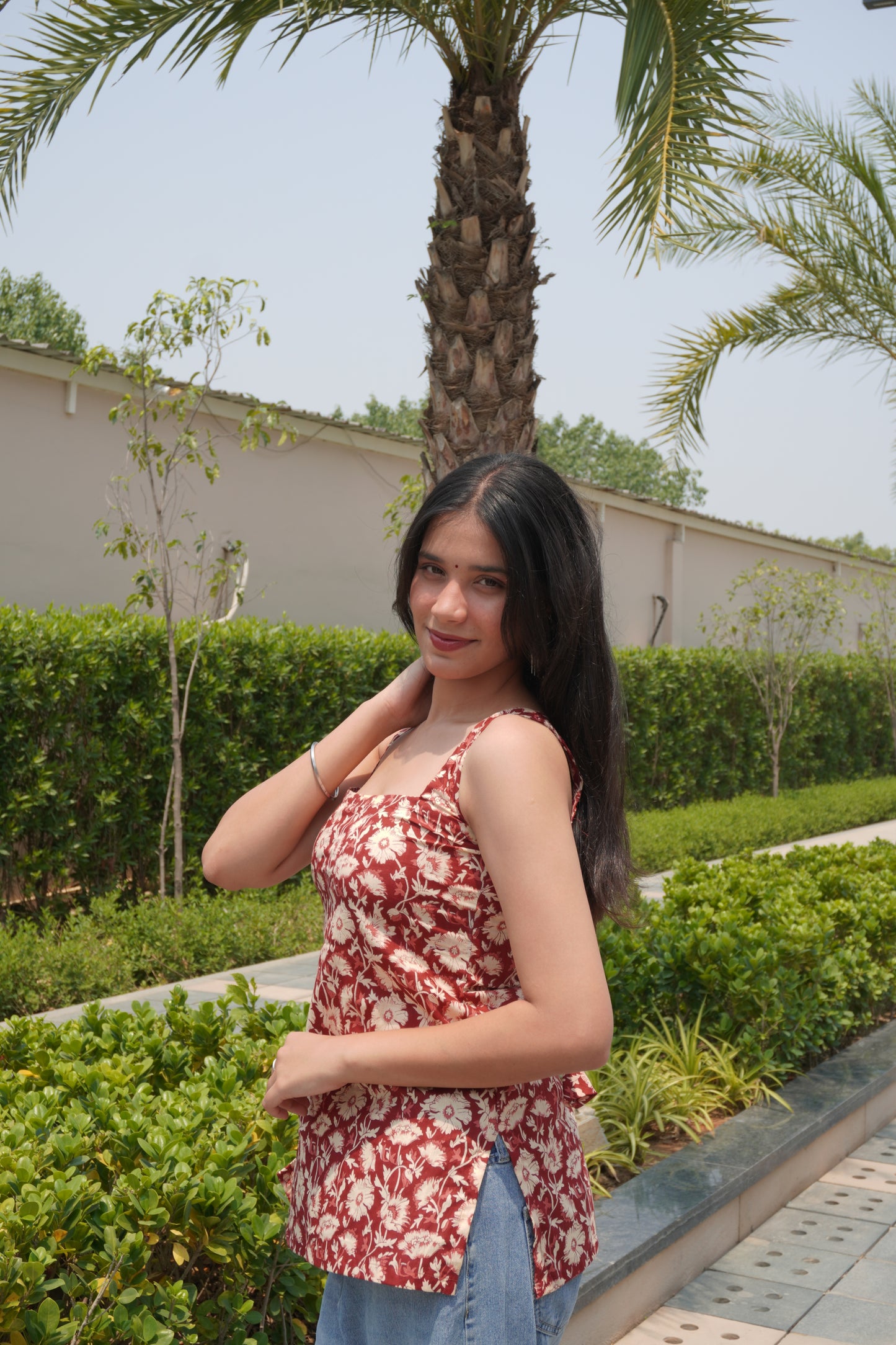Rust Floral Cotton Backless Kurti Top with Tie-Up Detail