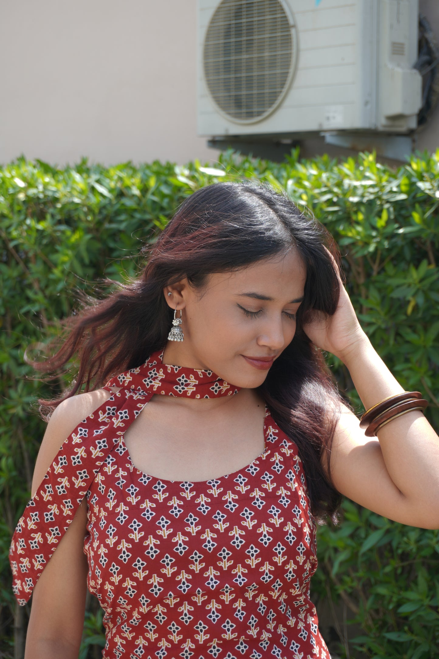 Red Printed Cotton Corset Back Kurti Top with Scarf for Women | Tie-Up Back, Sleeveless Summer Fusion Wear