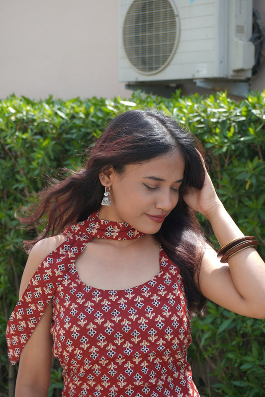 Red Printed Cotton Corset Back Kurti Top with Scarf for Women | Tie-Up Back, Sleeveless Summer Fusion Wear