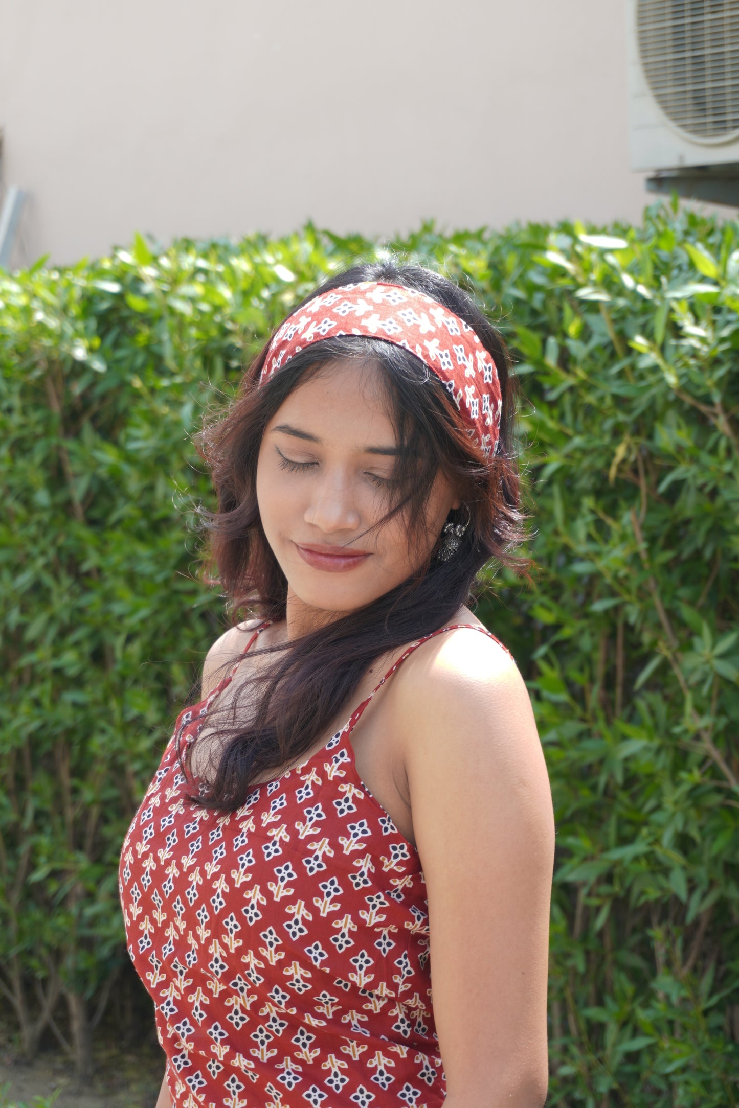 Red Printed Cotton Corset Back Kurti Top with Scarf for Women | Tie-Up Back, Sleeveless Summer Fusion Wear
