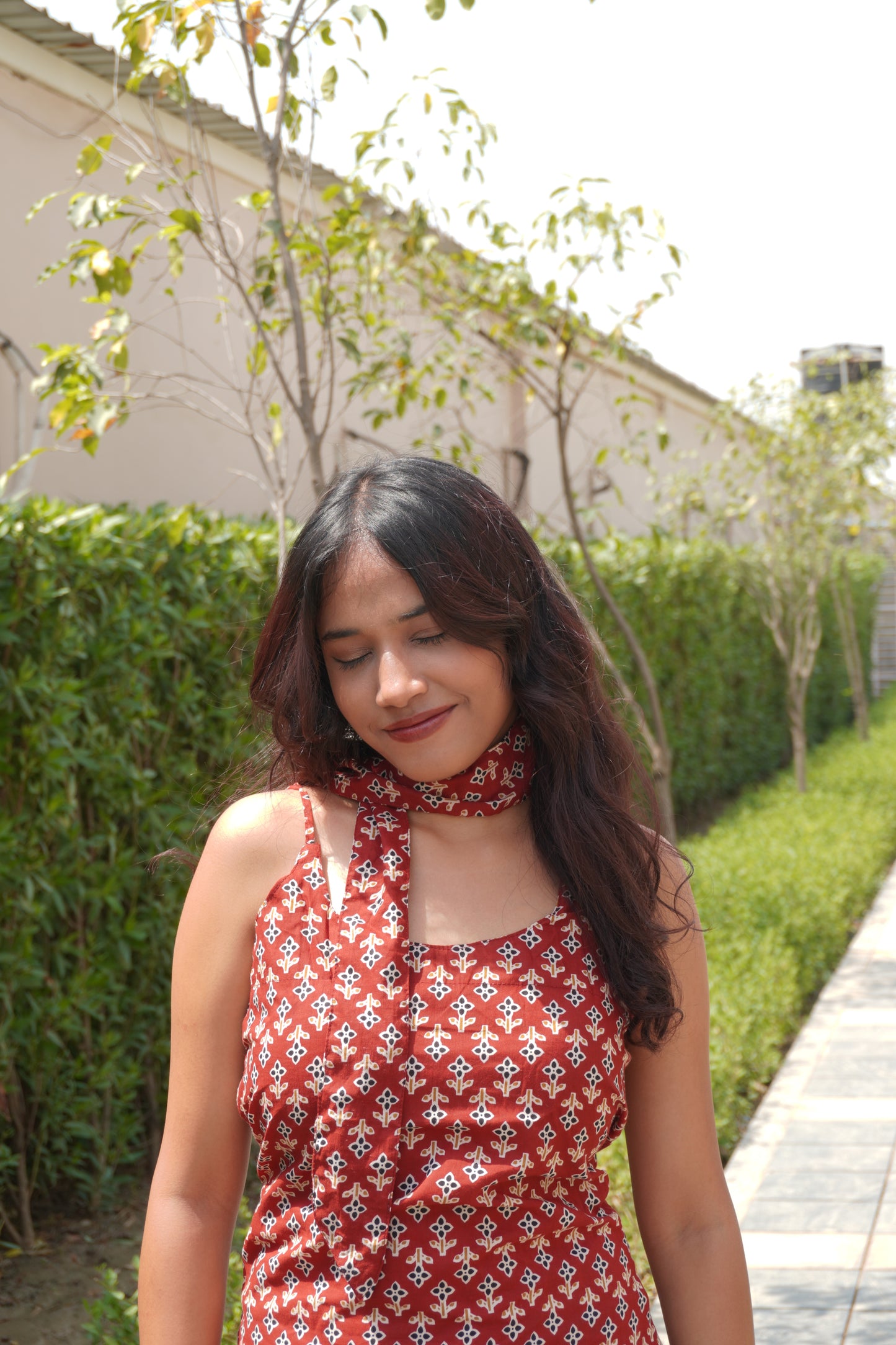 Red Printed Cotton Corset Back Kurti Top with Scarf for Women | Tie-Up Back, Sleeveless Summer Fusion Wear