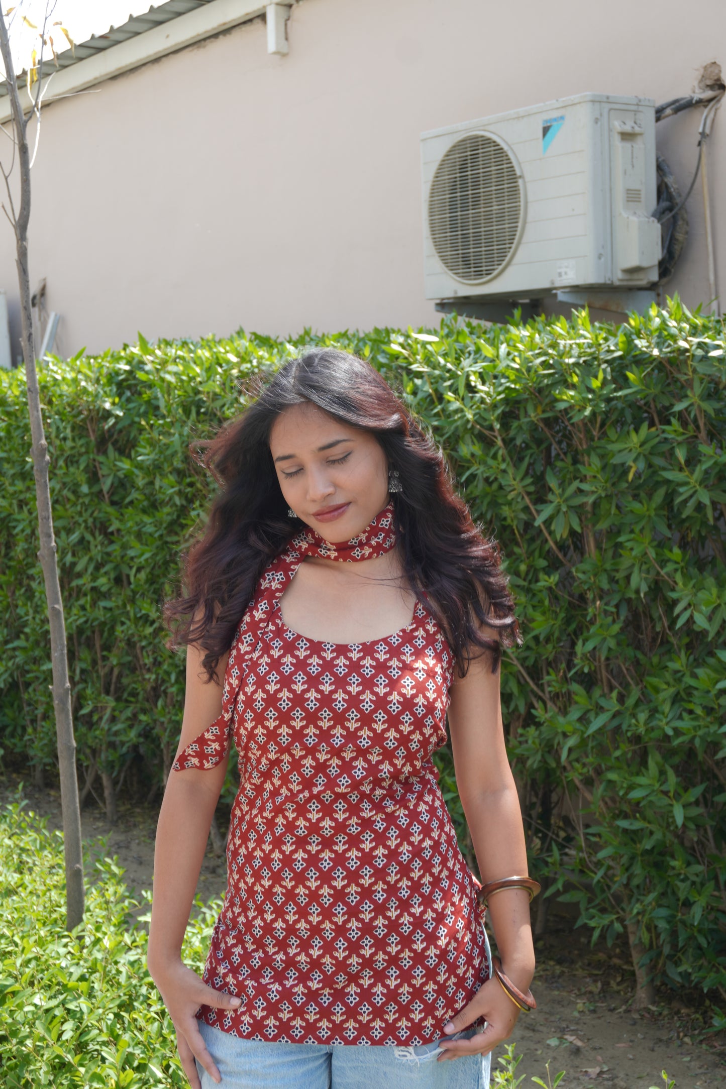 Red Printed Cotton Corset Back Kurti Top with Scarf for Women | Tie-Up Back, Sleeveless Summer Fusion Wear