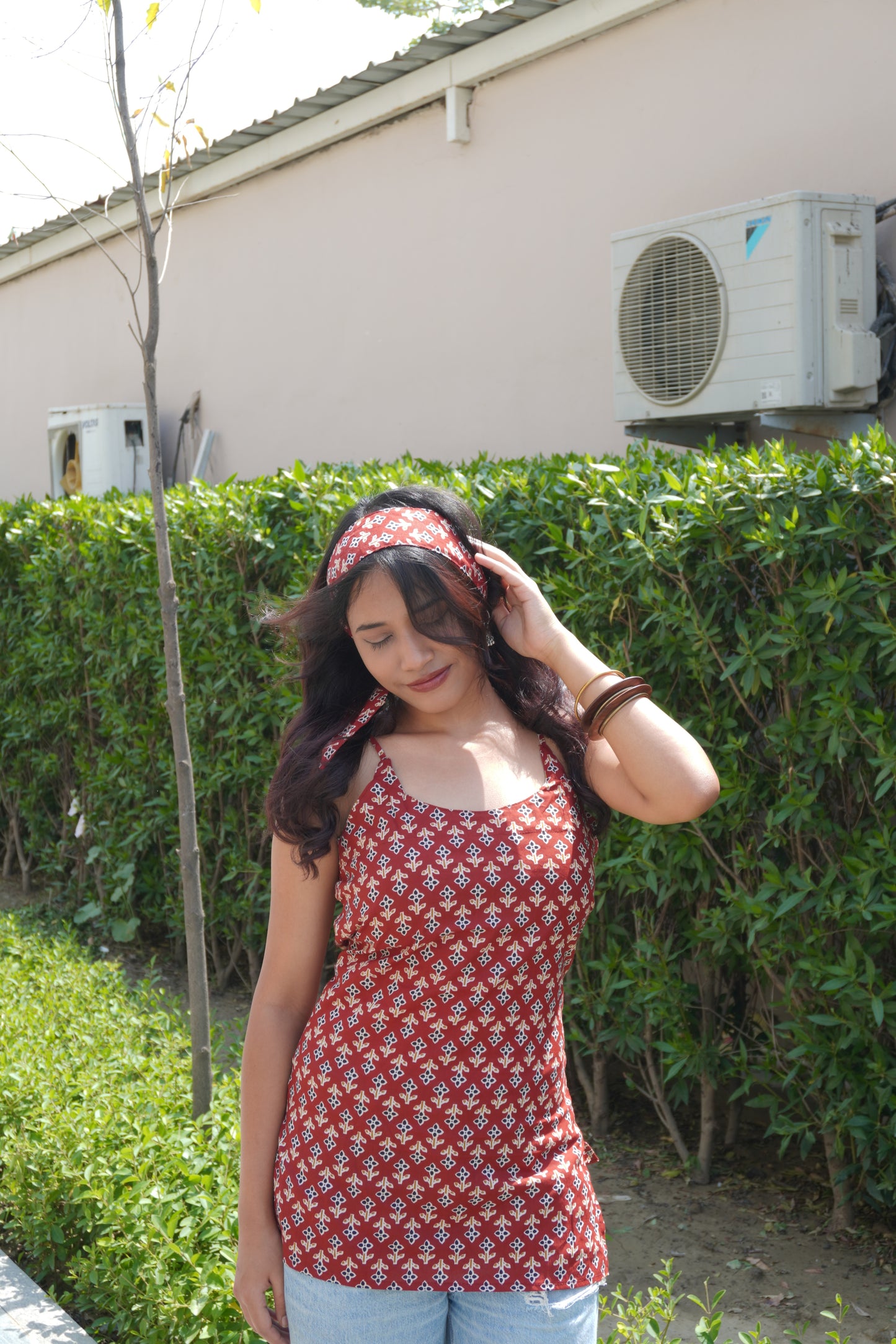 Red Printed Cotton Corset Back Kurti Top with Scarf for Women | Tie-Up Back, Sleeveless Summer Fusion Wear