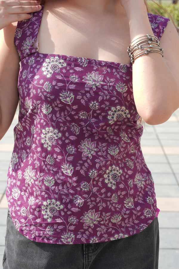 Floral Cotton Purple Backless Corset Top