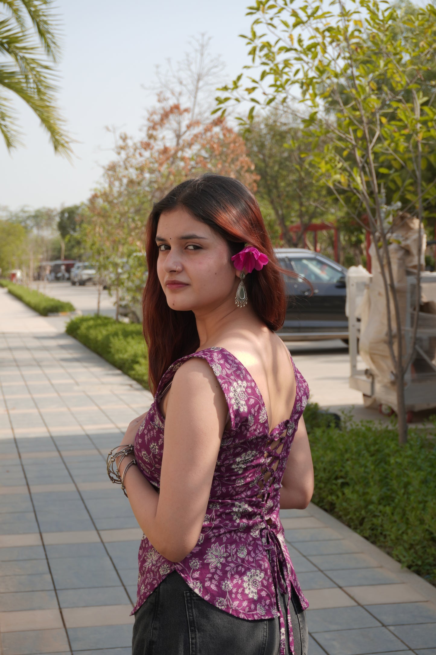 Floral Cotton Purple Backless Corset Top