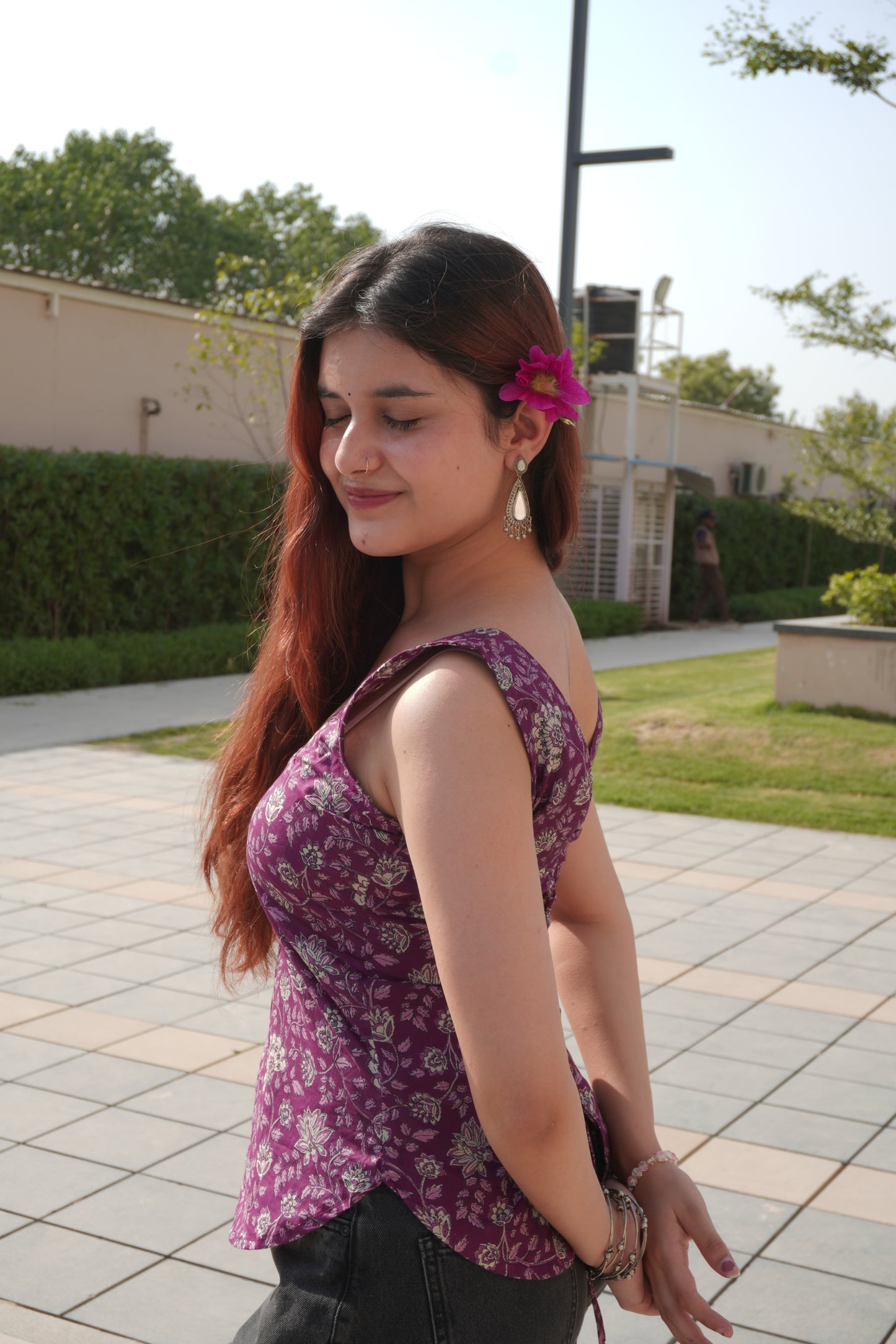 Floral Cotton Purple Backless Corset Top