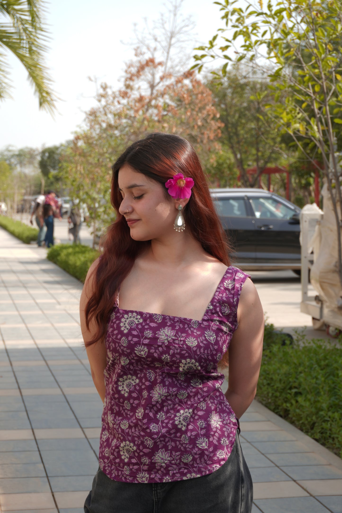 Floral Cotton Purple Backless Corset Top