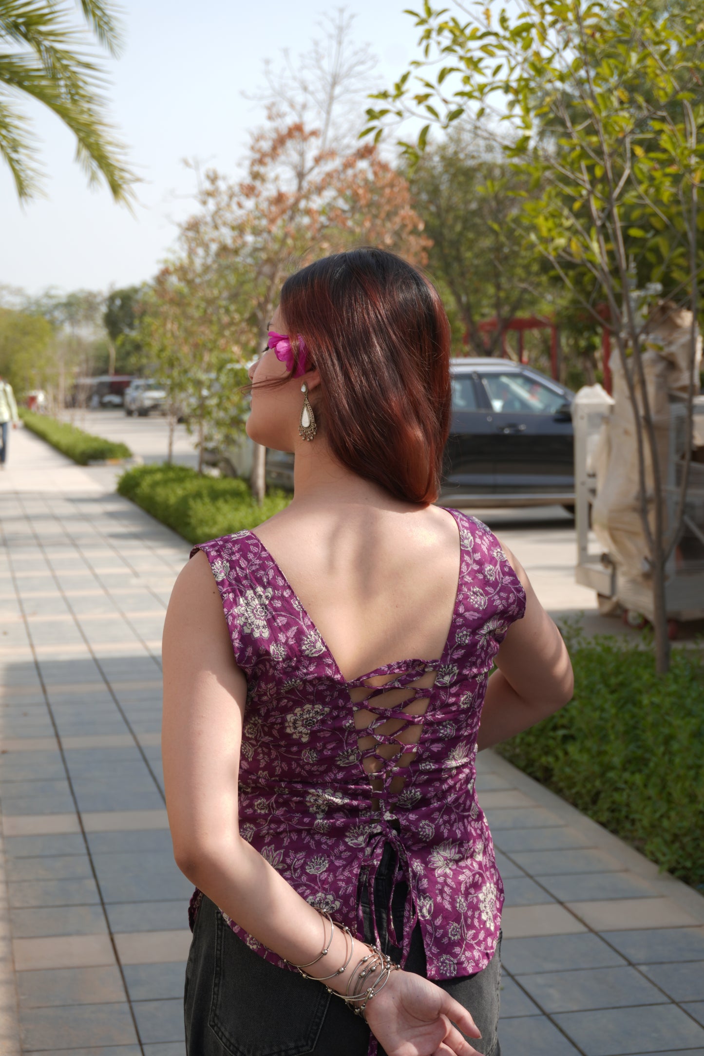 Floral Cotton Purple Backless Corset Top