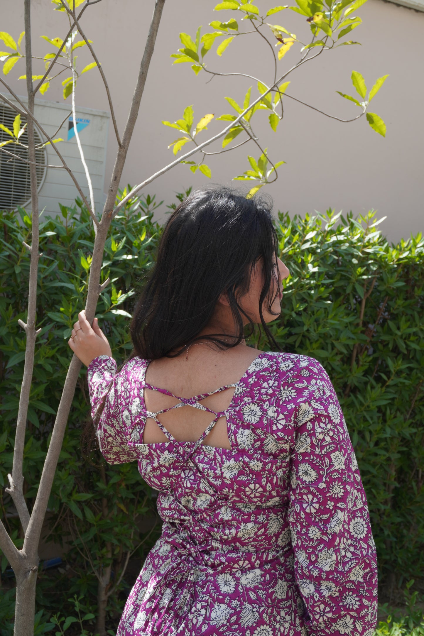 Corset Back Pink Floral Cotton Kurti with Square Neck