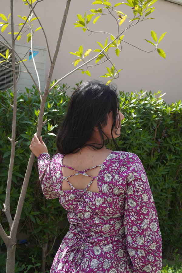 Corset Back Pink Floral Cotton Kurti with Square Neck