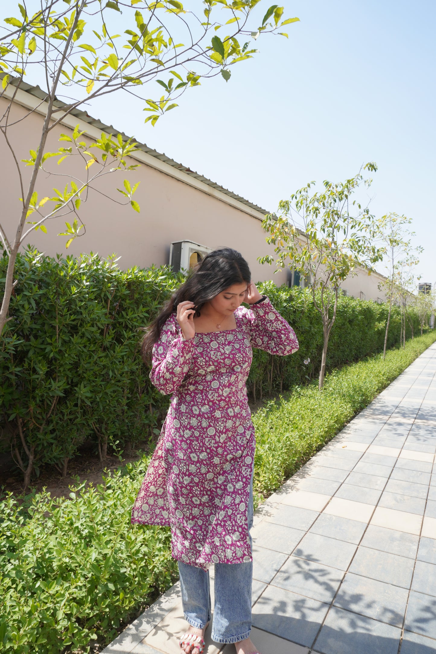 Corset Back Pink Floral Cotton Kurti with Square Neck