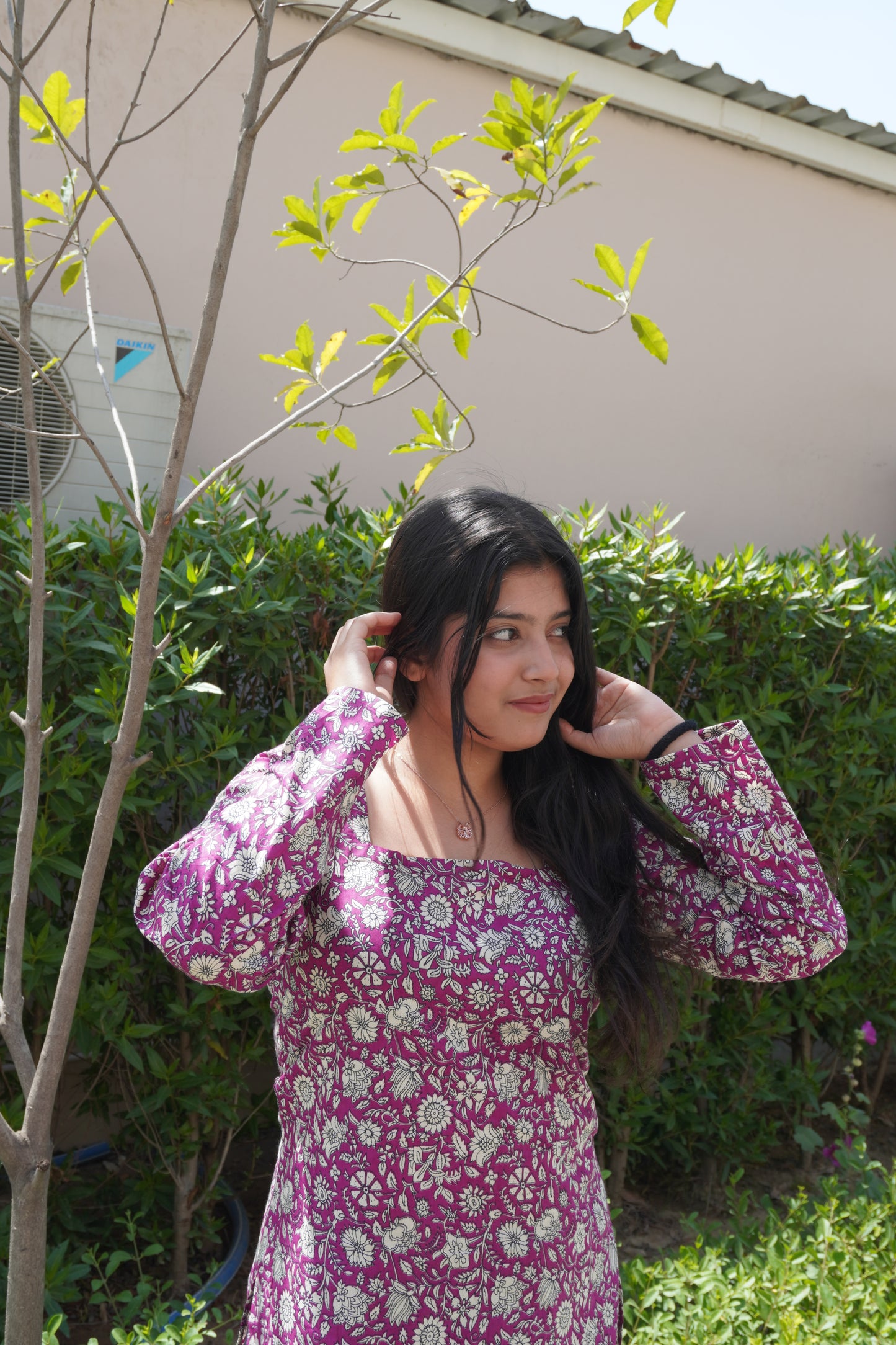 Corset Back Pink Floral Cotton Kurti with Square Neck