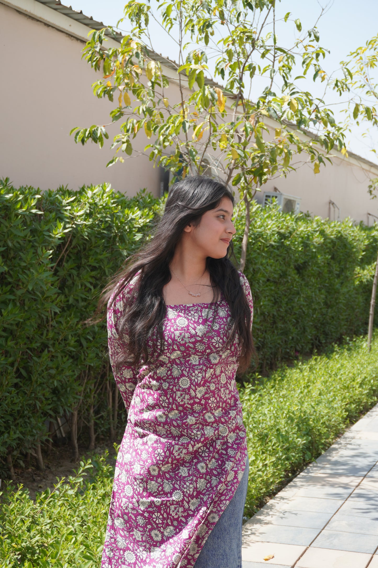Corset Back Pink Floral Cotton Kurti with Square Neck