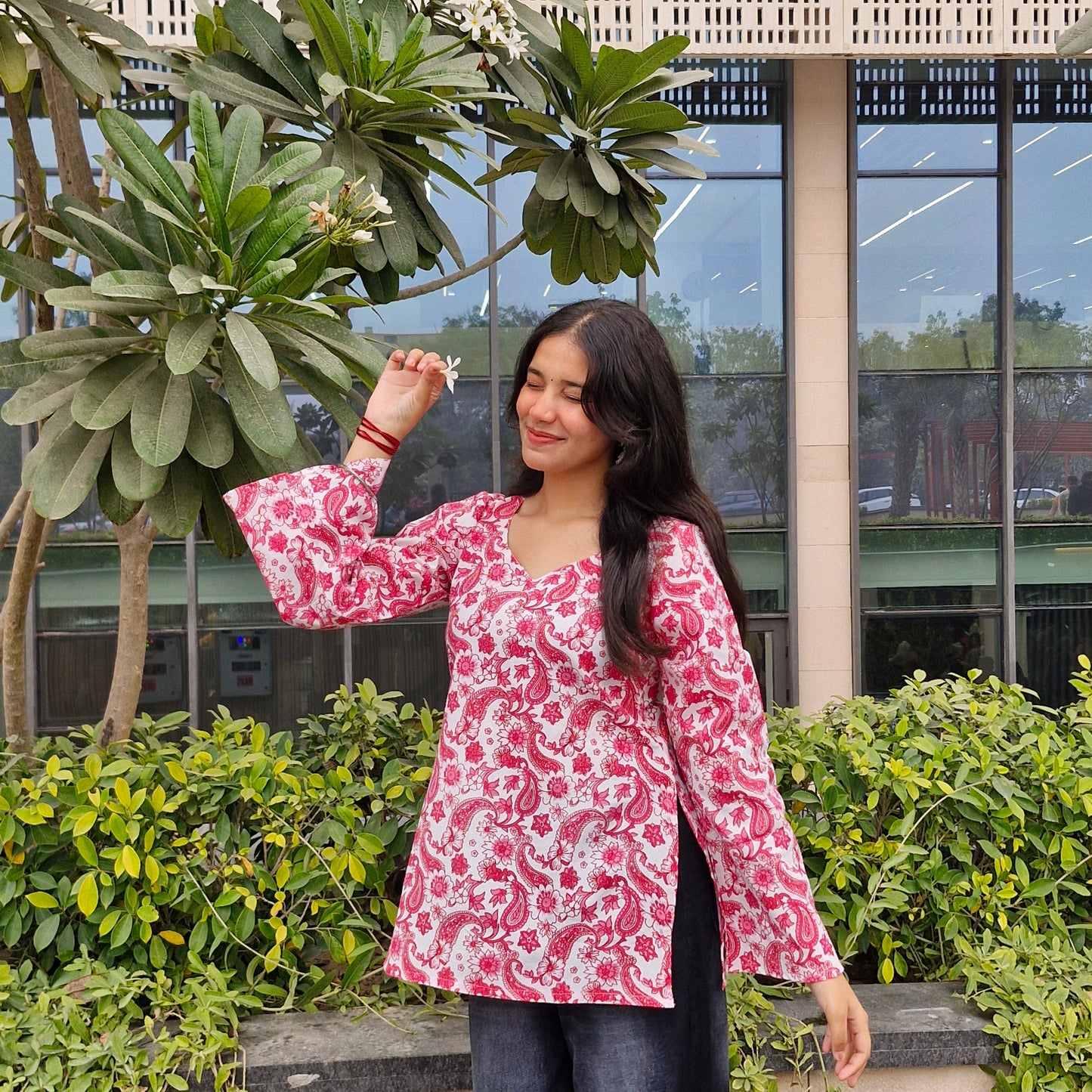 Cotton Printed Short Kurti with Betel Leaf Neck & Bell Sleeves for Women