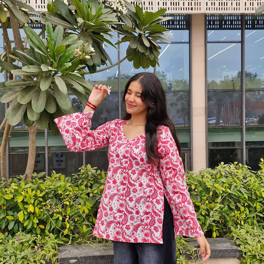 Cotton Printed Short Kurti with Betel Leaf Neck & Bell Sleeves for Women