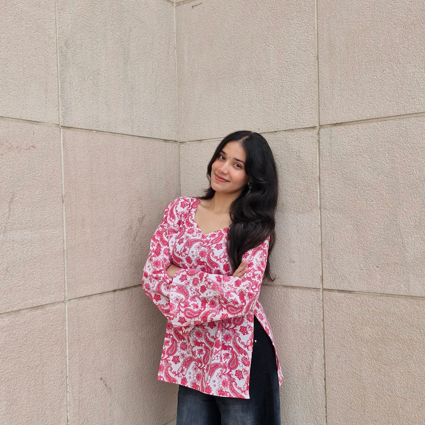 Cotton Printed Short Kurti with Betel Leaf Neck & Bell Sleeves for Women