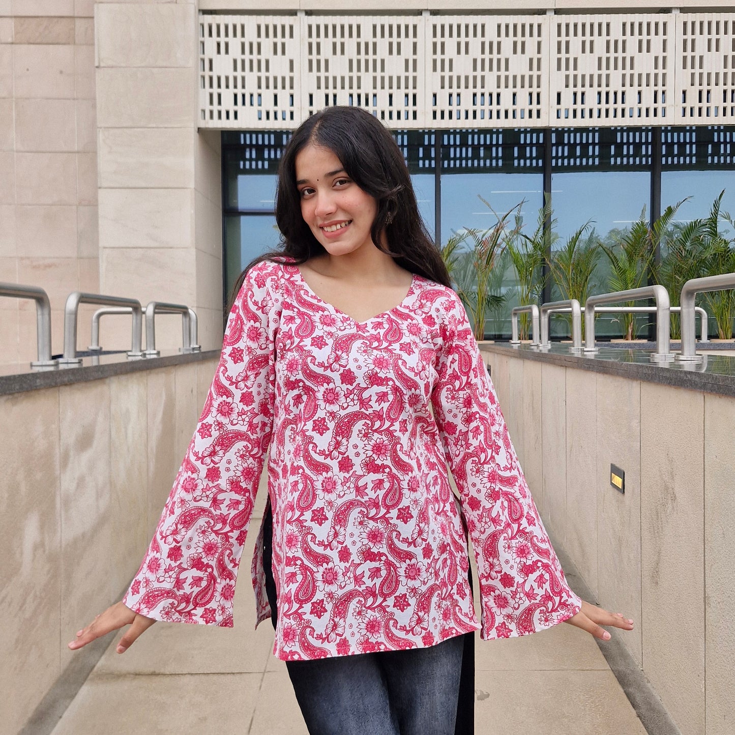 Cotton Printed Short Kurti with Betel Leaf Neck & Bell Sleeves for Women