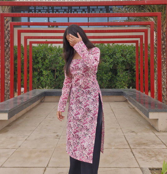 Cotton Printed Long Kurti with Square Neck &amp; Corset Lace-Up Back for Women | Full Sleeves