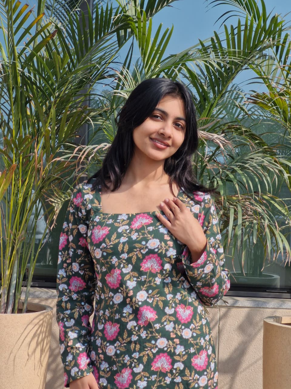 Green Floral Print Cotton Long Kurti with Square Neck & Corset Back