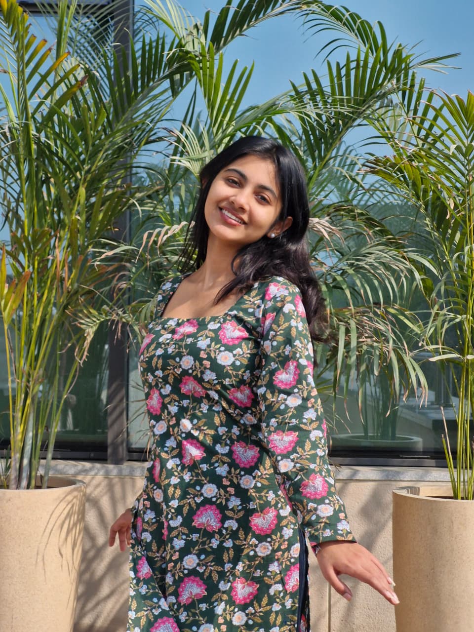 Green Floral Print Cotton Long Kurti with Square Neck & Corset Back