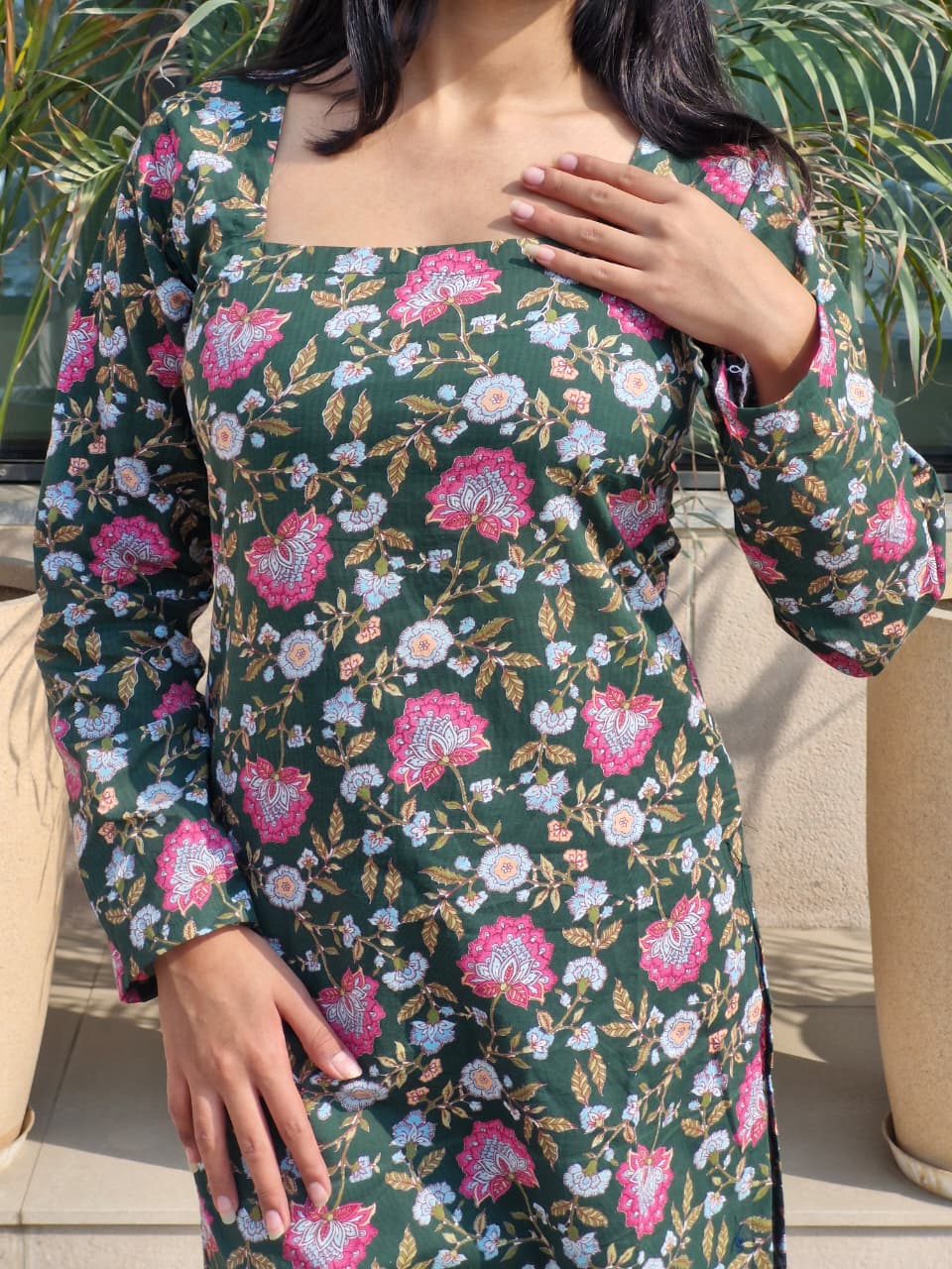 Green Floral Print Cotton Long Kurti with Square Neck & Corset Back