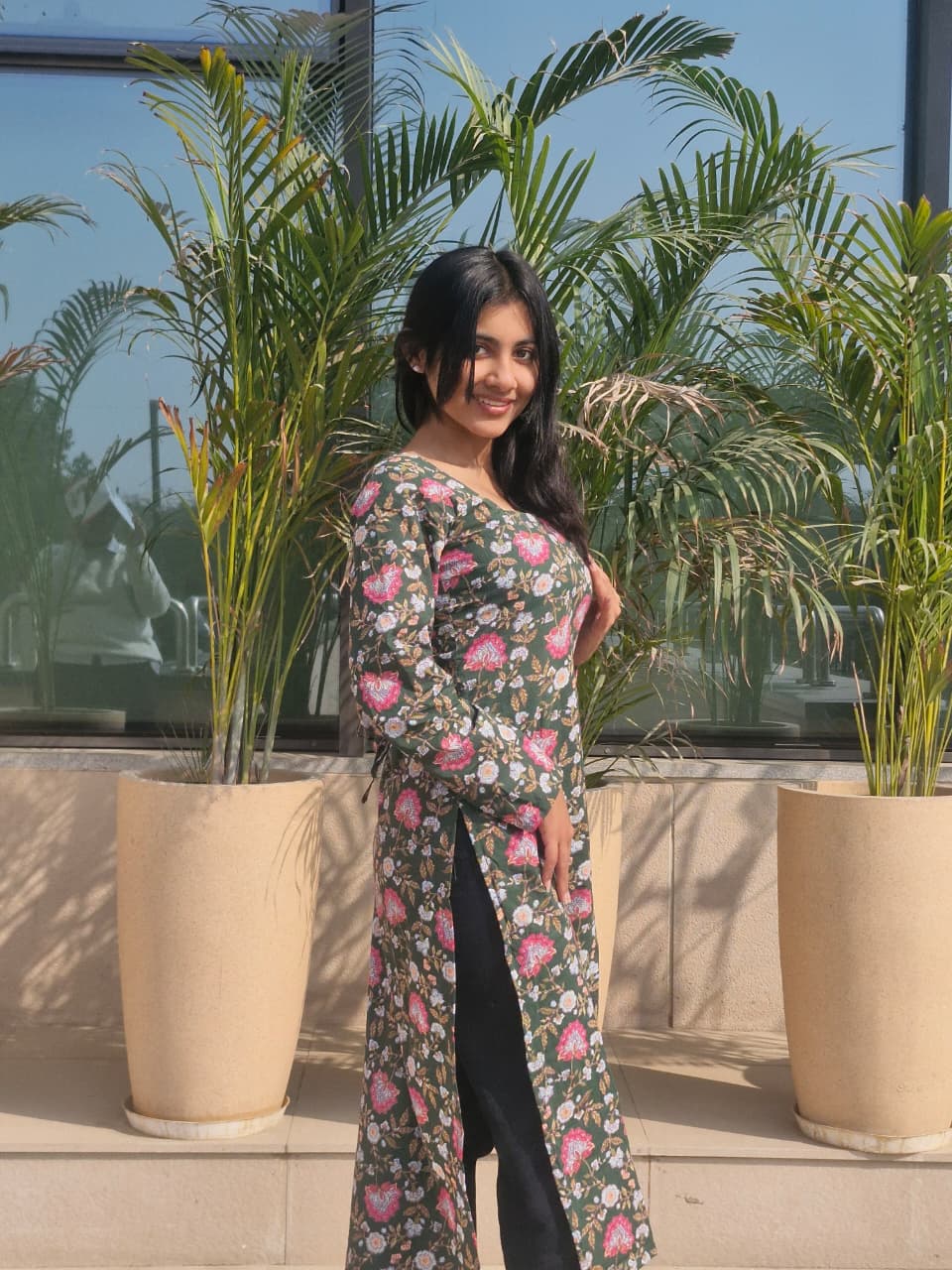 Green Floral Print Cotton Long Kurti with Square Neck & Corset Back